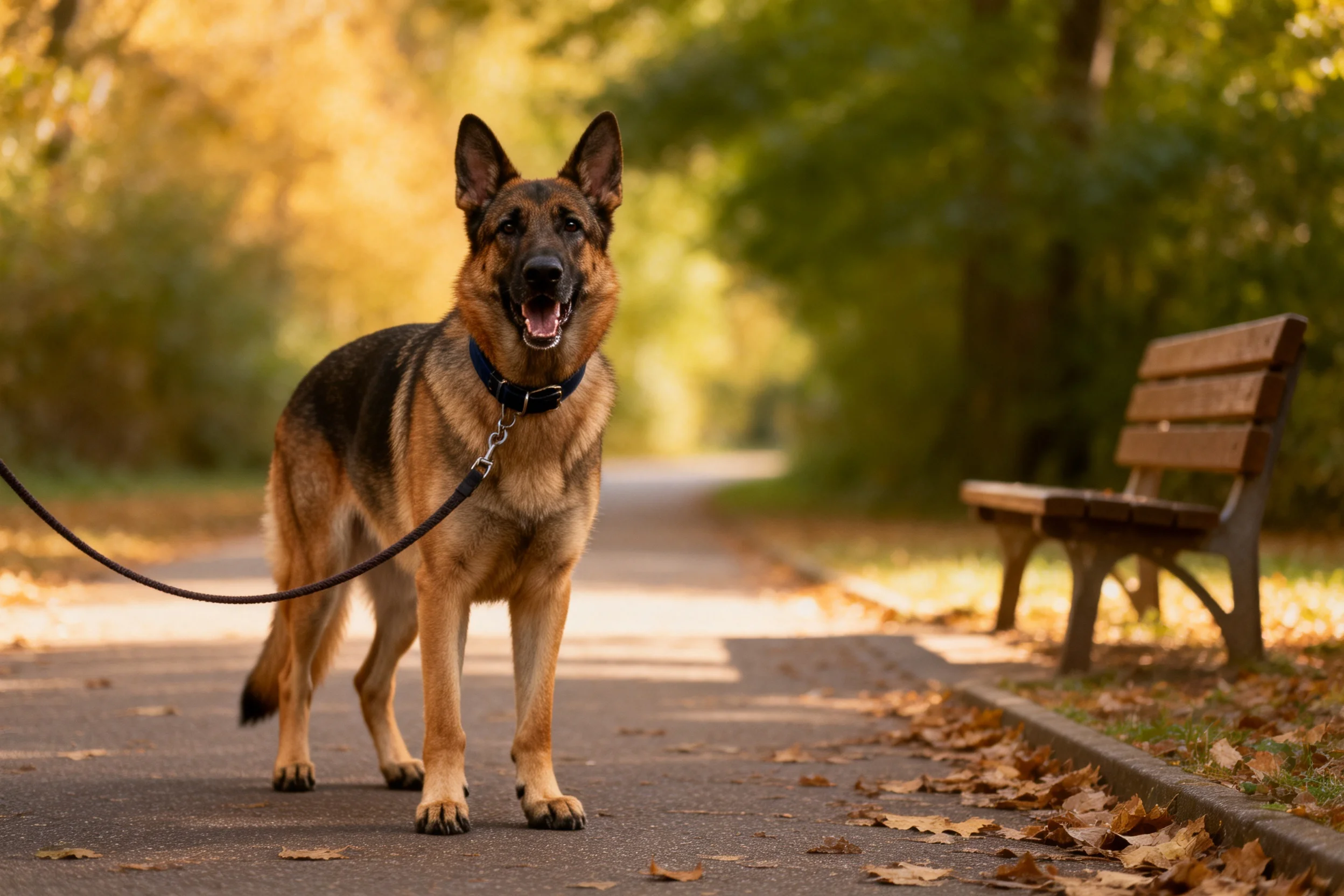 德国牧羊犬站立着,黑棕色相间的被毛在阳光下清晰可见,牵引绳连接着它,周围是秋季公园的环境。