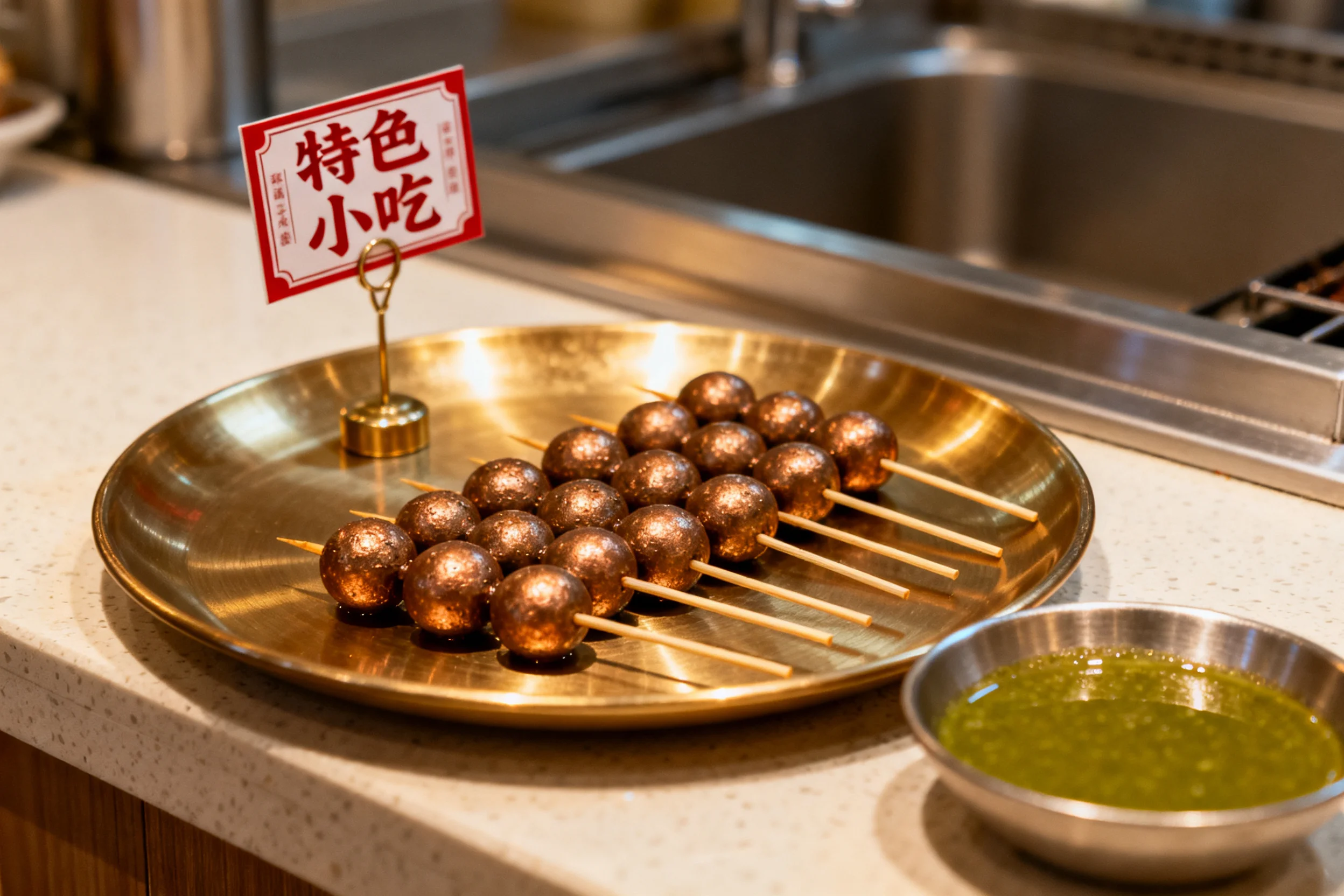特色小吃油炸圆子串，表面呈棕褐色且光滑，插在浅色木签上，旁边配有绿色蘸料。