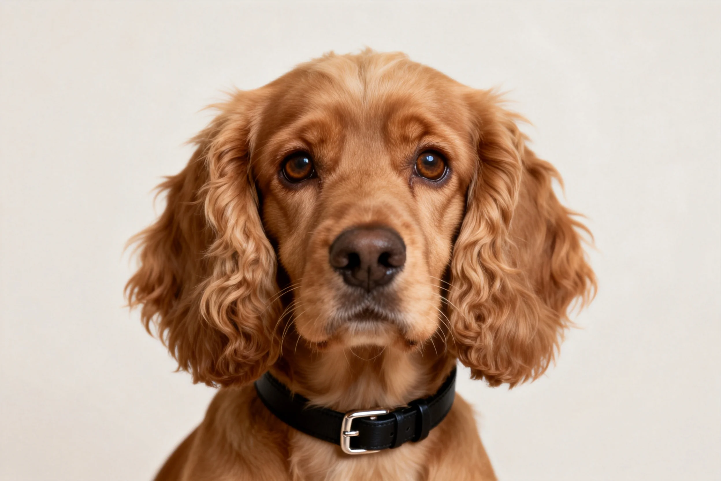 一只佩戴黑色项圈的浅棕色可卡犬,眼神温和注视镜头。