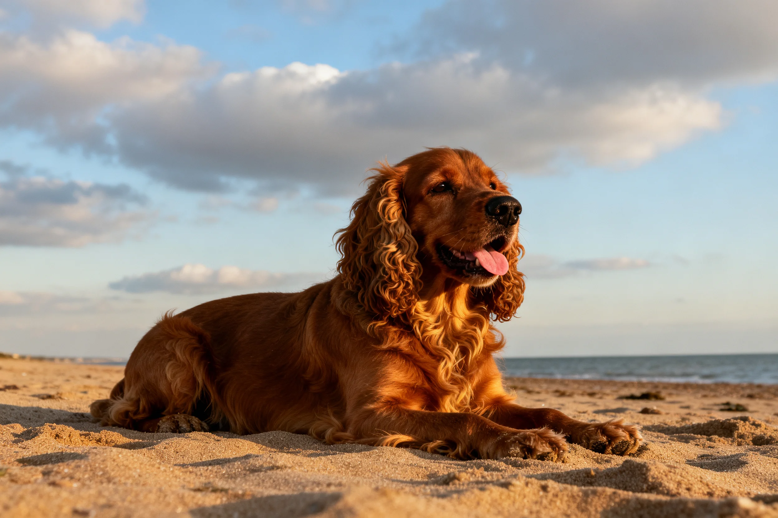 英国可卡犬趴在沙滩上，金棕色卷毛清晰可见，嘴巴张开露出粉色舌头。
