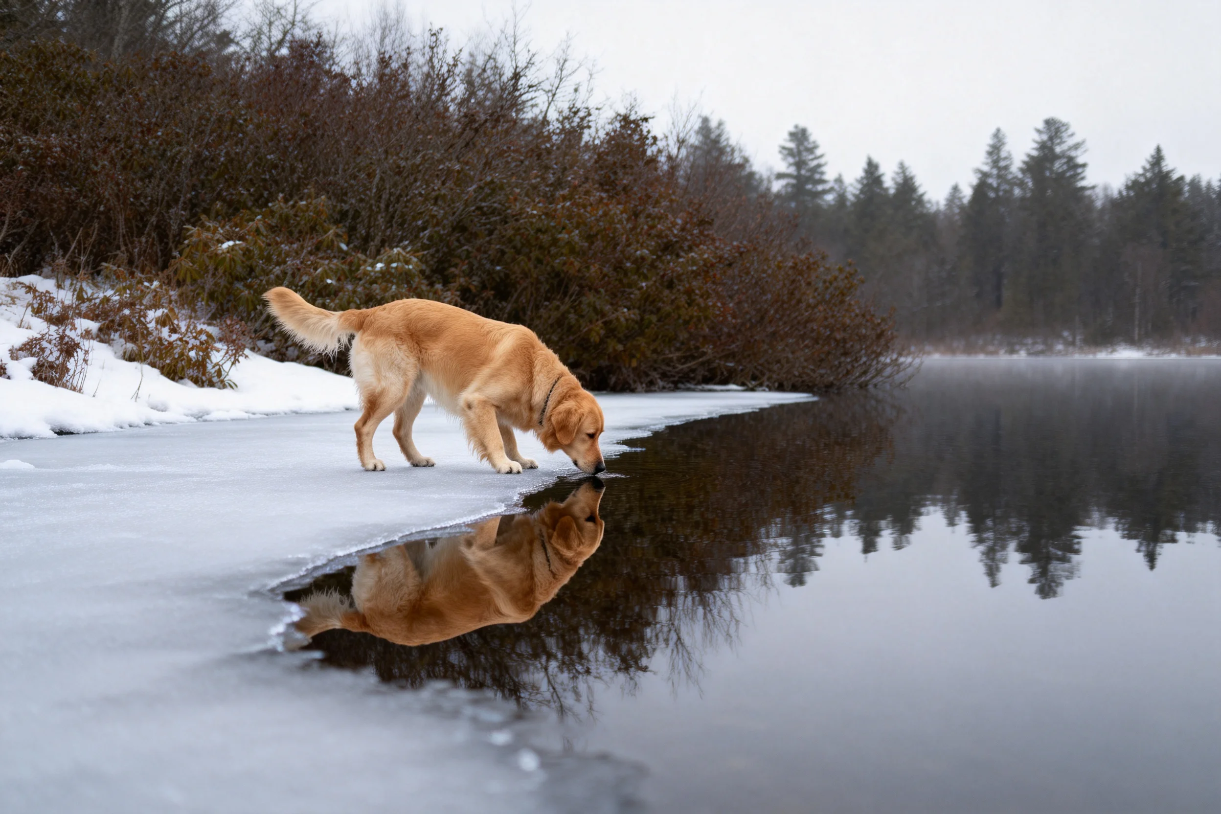 金毛猎犬低头饮用湖水的瞬间,其橙黄色毛发与冰面倒影形成对应,体现冬季户外场景。