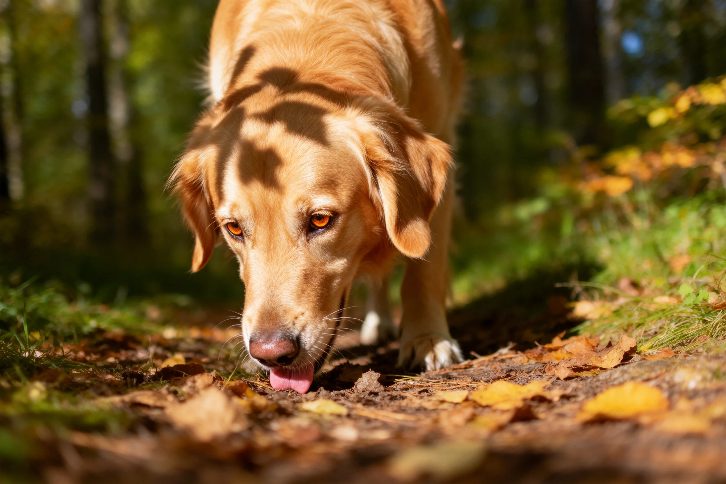 一只金毛猎犬低头嗅闻地面,阳光在其毛发上形成阴影,周围散落着秋日枯叶。