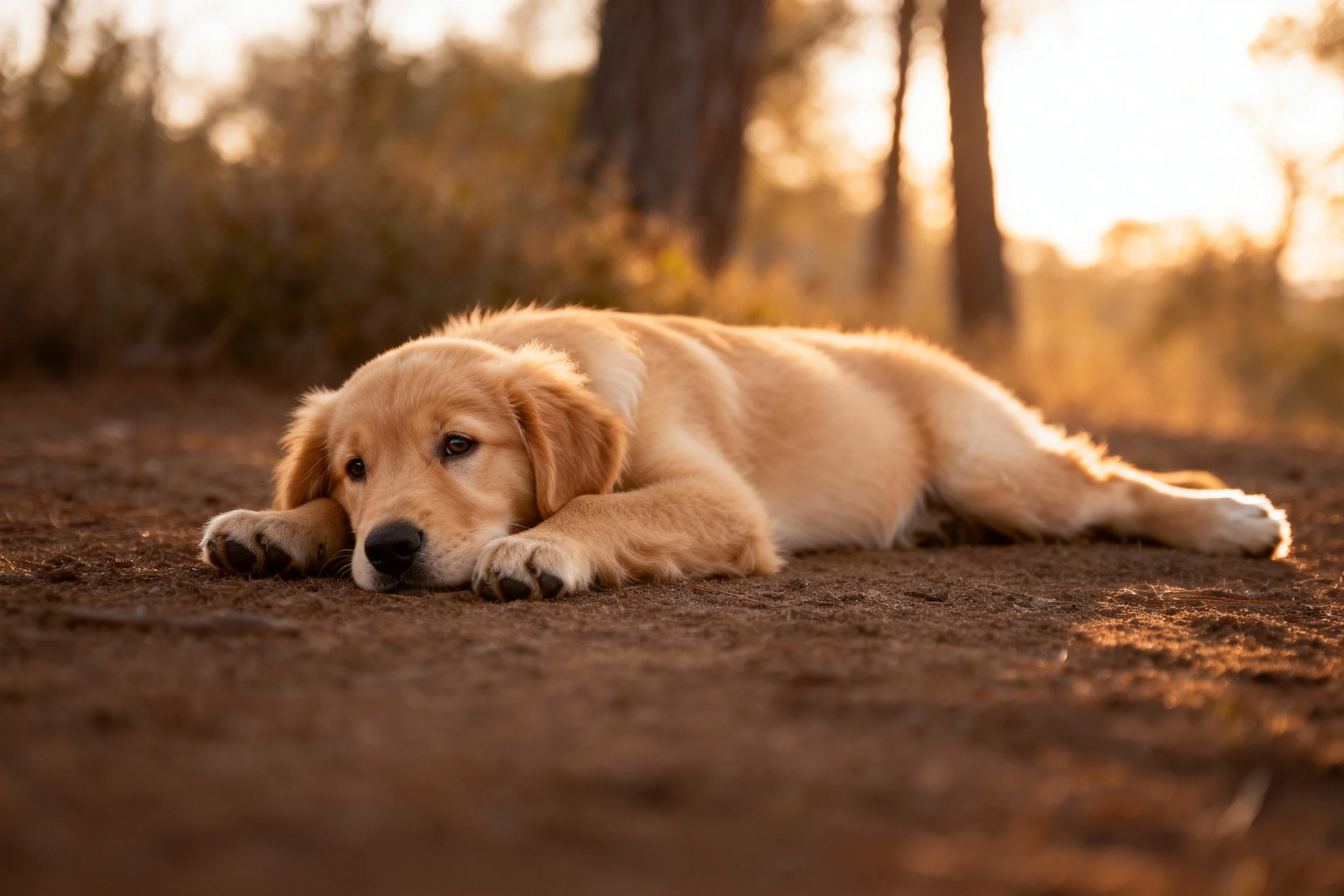 一只金毛寻回犬幼犬,浅金色毛发贴在额头路上,眼神平静。