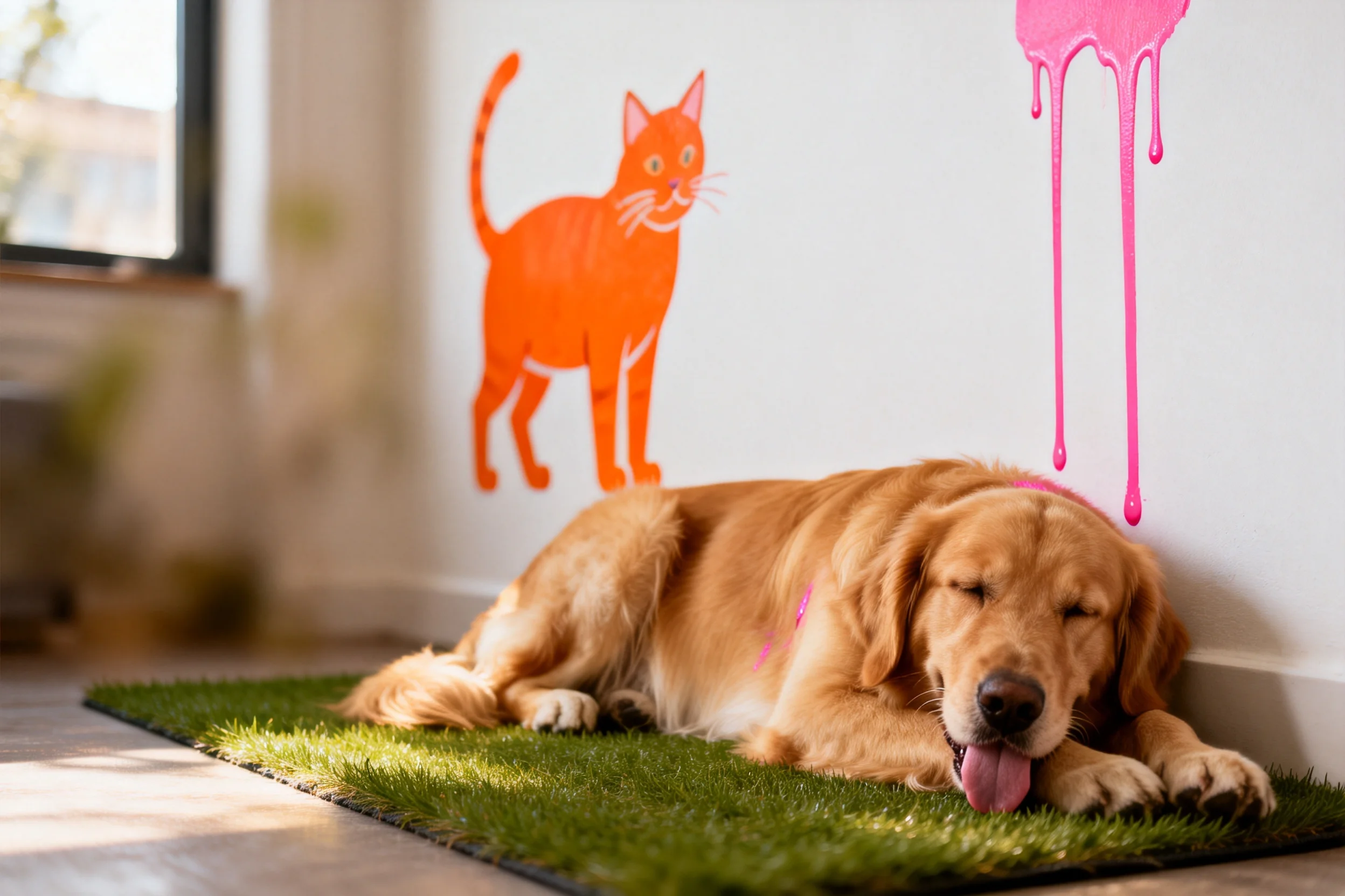 金毛猎犬安静趴卧，暖金色蓬松毛发贴在绿色草坪上，嘴巴微张露出粉色舌头。