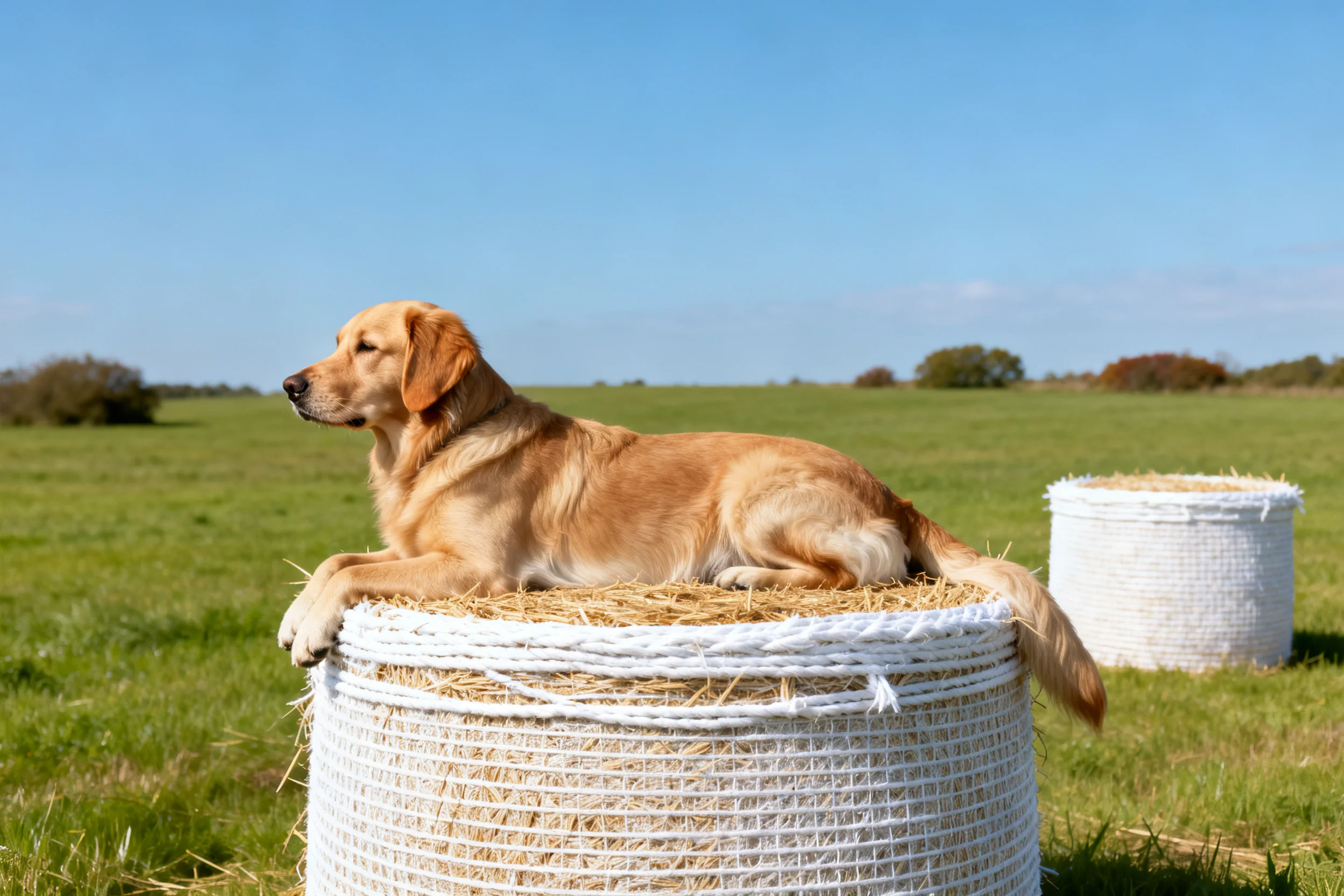 金毛寻回犬安静地躺卧在白色编织草垛上,浅金色毛发清晰可见。