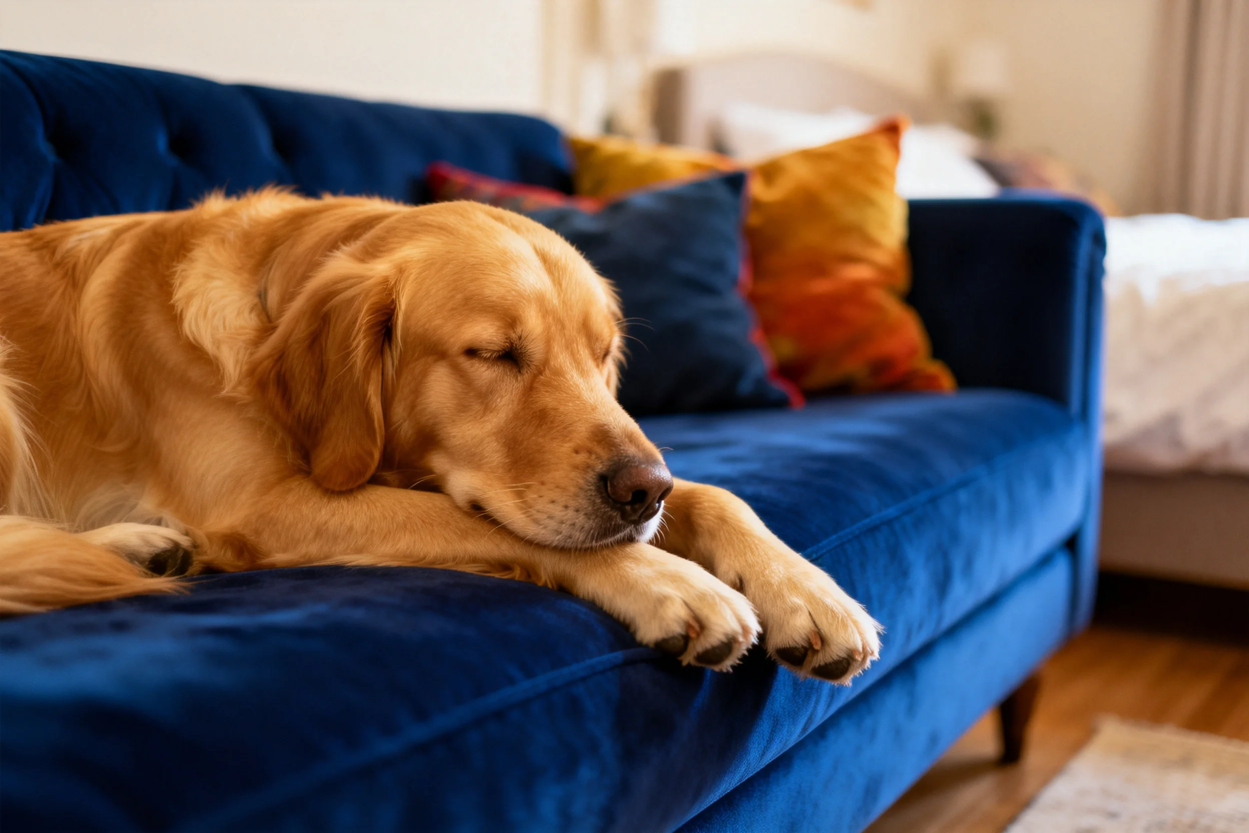 金毛猎犬趴在深蓝色沙发上,金黄的被毛柔软贴附在前爪上方,姿态放松。