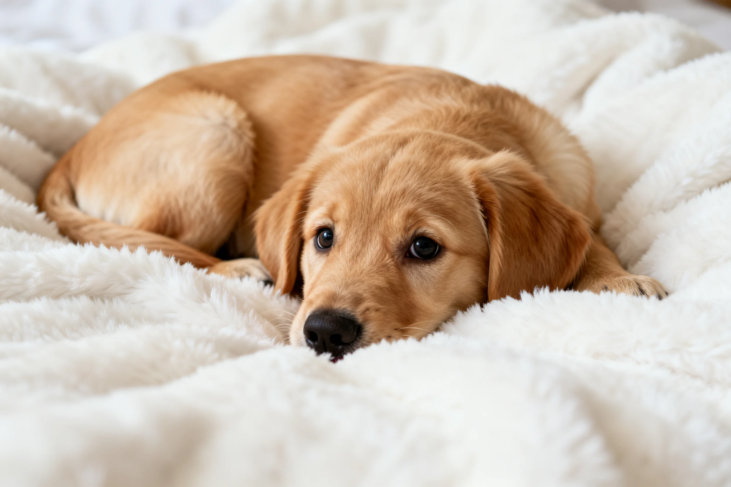 金毛幼犬趴卧在柔软白色毯子上,头部轻靠在织物表面,暖金色毛发与白色背景形成鲜明对比。