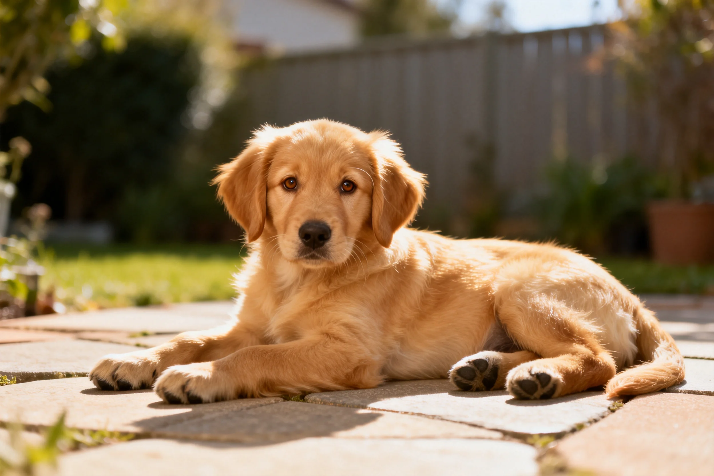 金毛幼犬趴卧在庭院石板地上,浅金色毛发柔软顺滑,姿态放松。