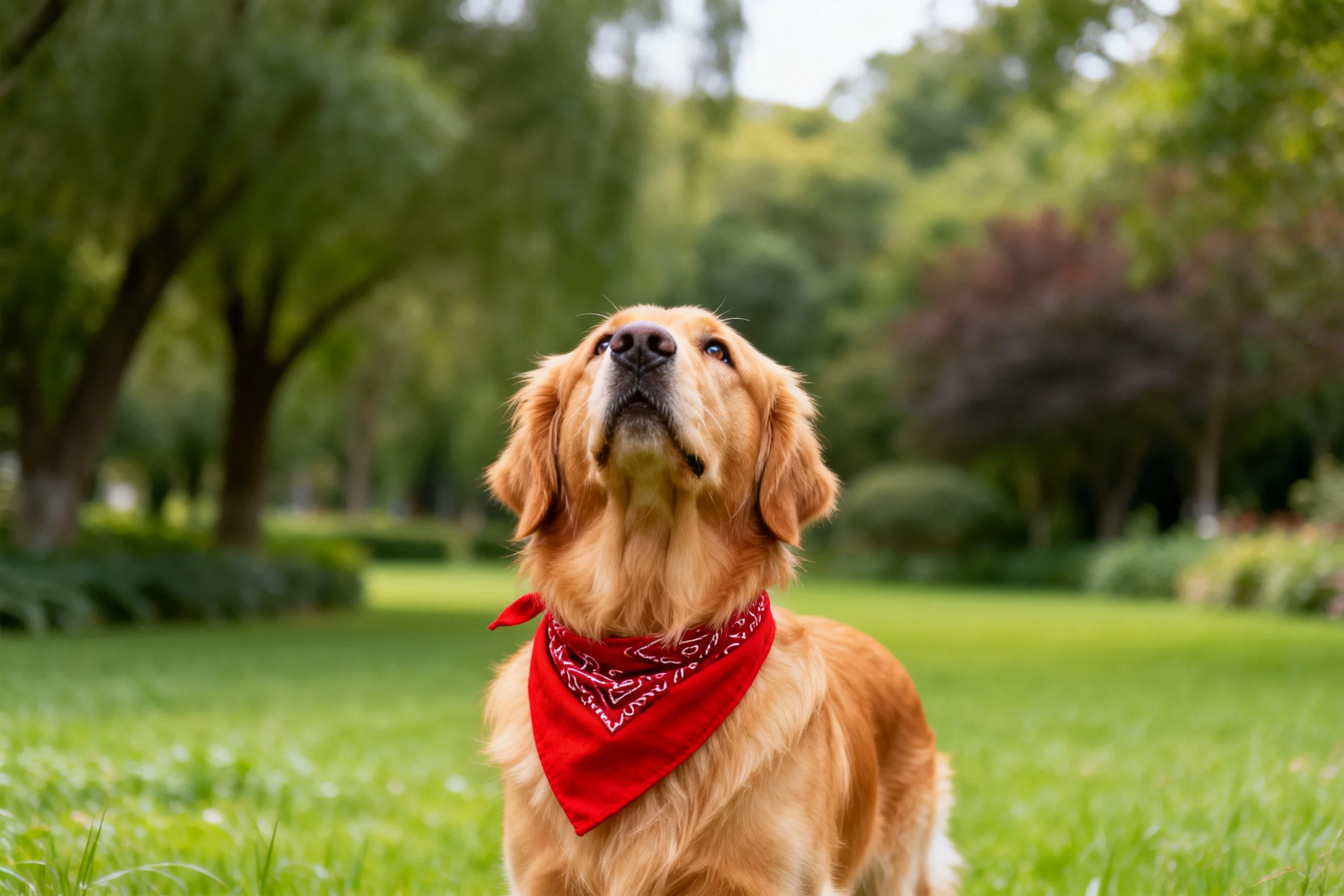 一只金毛寻回犬抬头凝视,颈部系着红色带白色花纹的方巾,毛发呈暖金色。