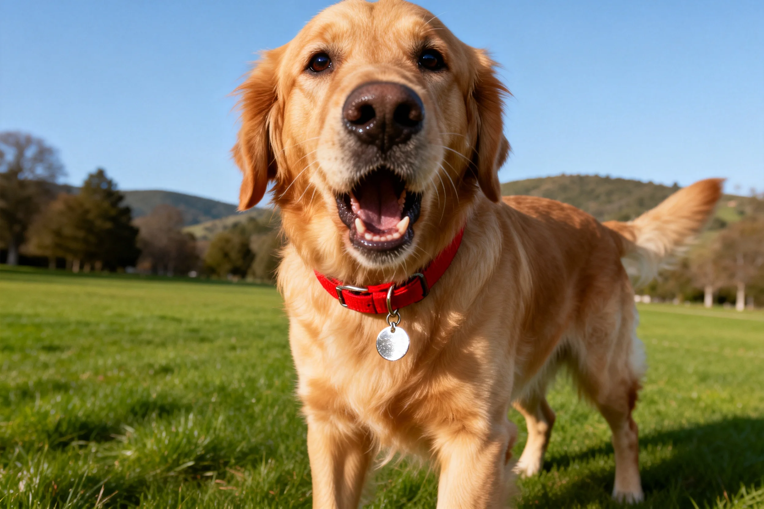 一只金毛寻回犬戴着红色项圈,嘴巴张开露出牙齿,站在户外草地上。