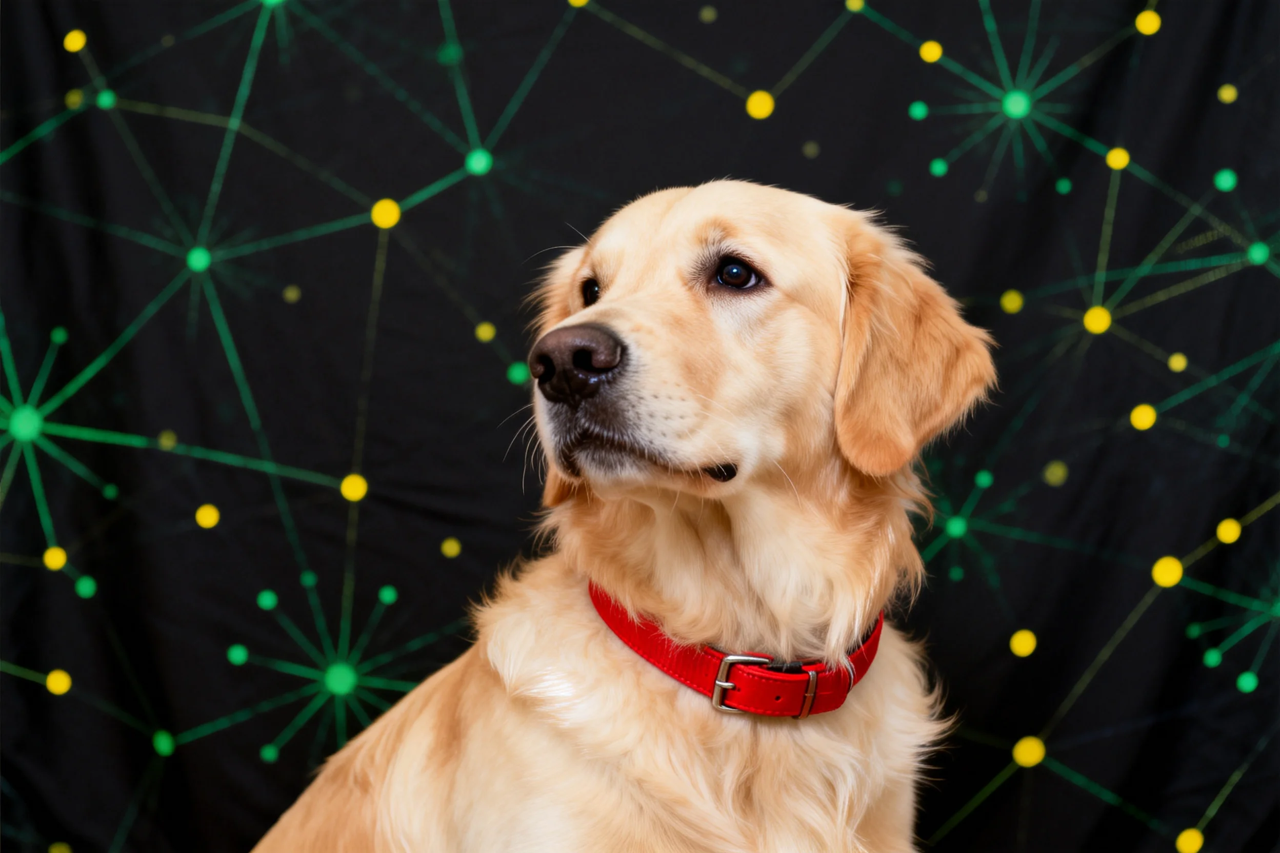 金毛寻回犬佩戴红色项圈,目光专注看向画面上方,面部表情温和。