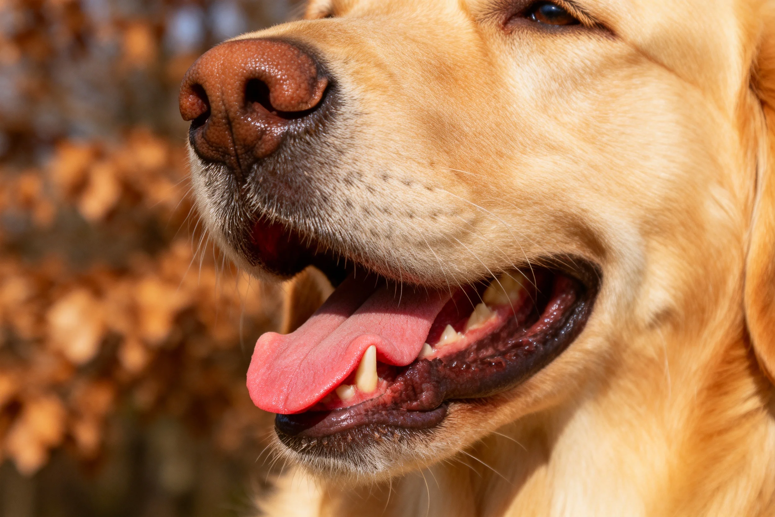 金毛猎犬张嘴露粉红舌头,金黄被毛在阳光下显得格外柔亮。
