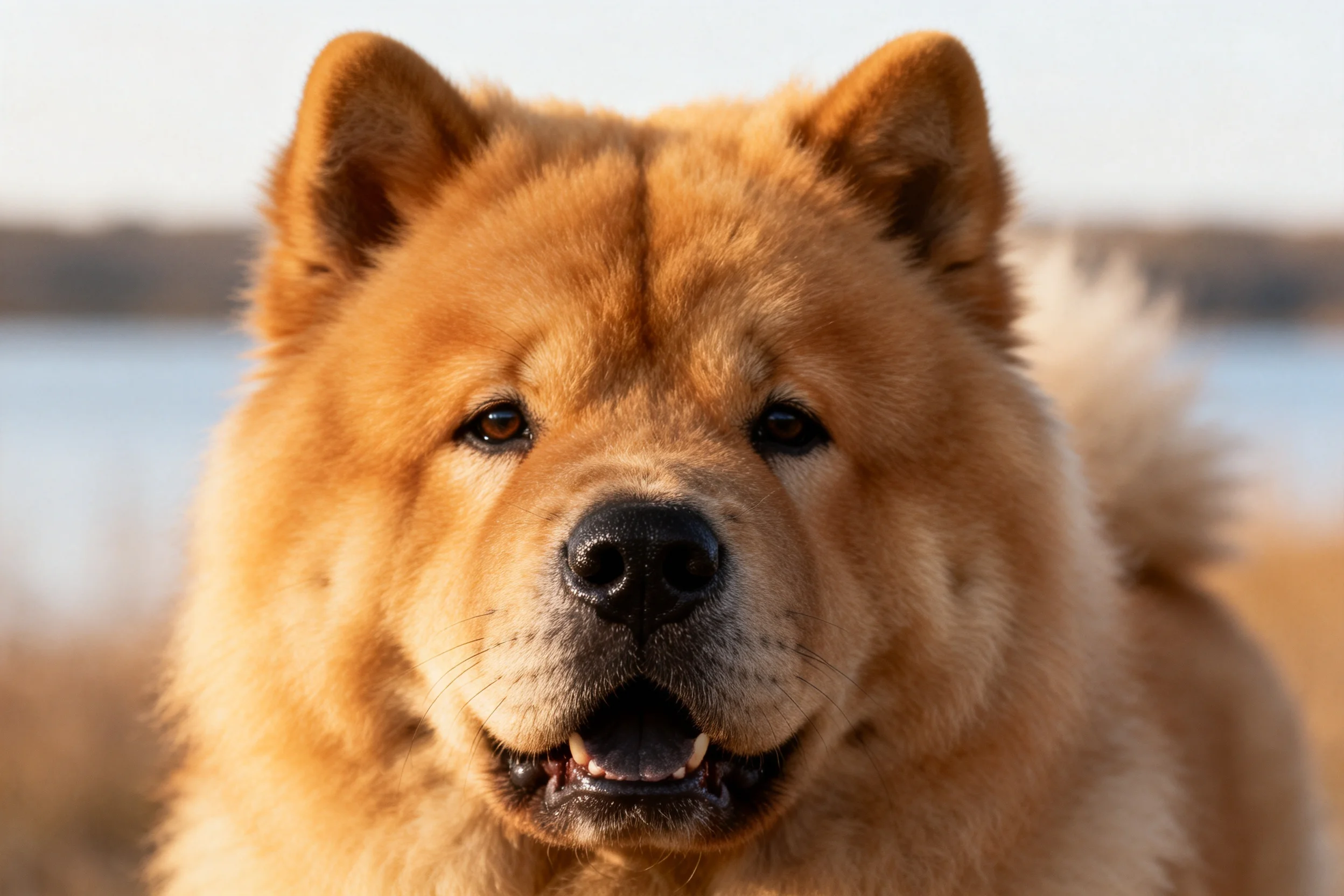 这是一只浅棕色的松狮犬,毛发浓密蓬松,正站在户外水域附近,面部表情平静。