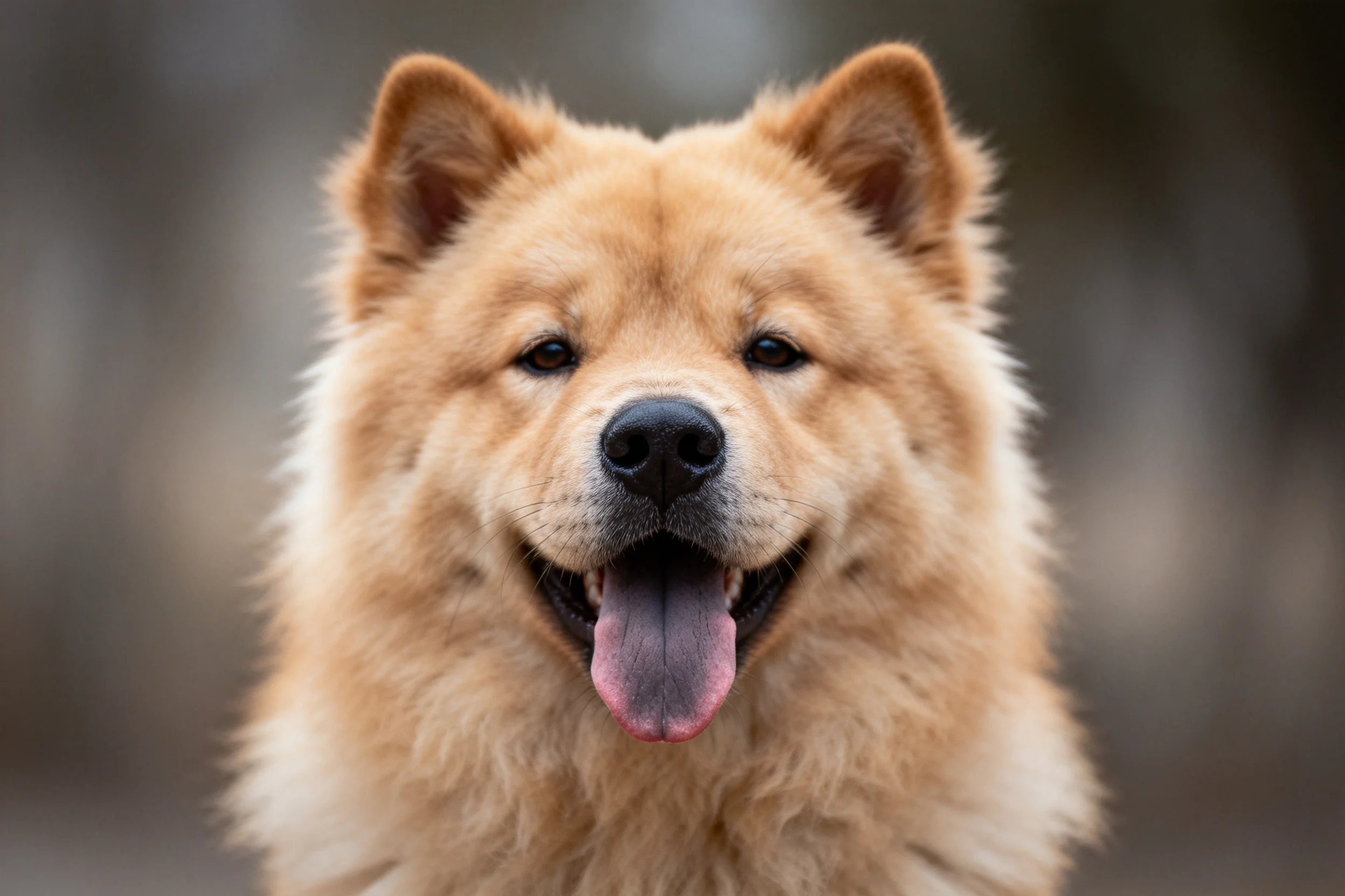 这是一只金色毛发的松狮犬,嘴巴张开露出粉色的舌头,毛发蓬松柔软。