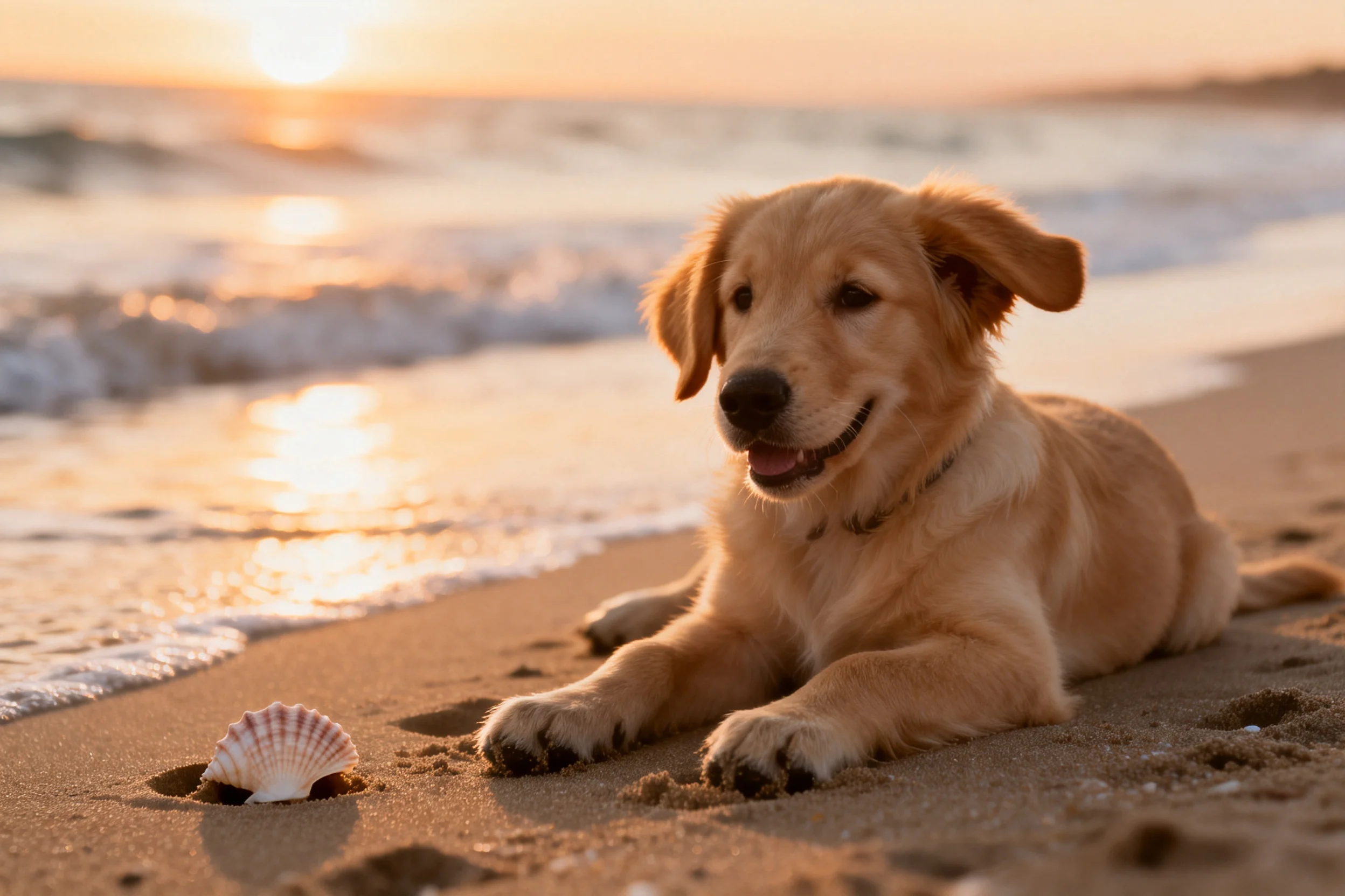 金毛寻回犬幼犬趴在沙滩上,金黄色毛发蓬松柔软,旁边有贝壳。
