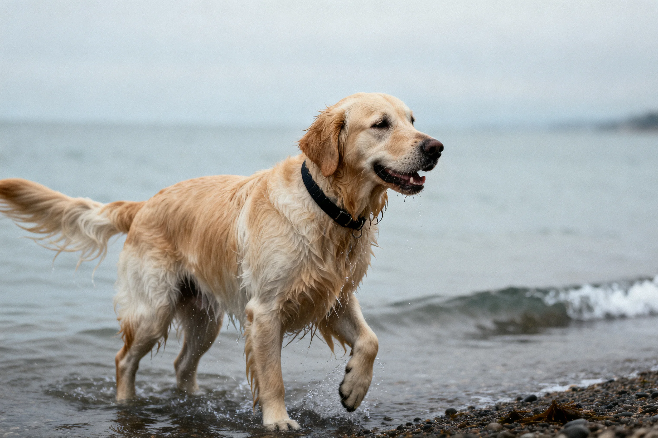 金毛寻回犬在海滩浅水中漫步,毛发因沾湿而贴附在身体上。