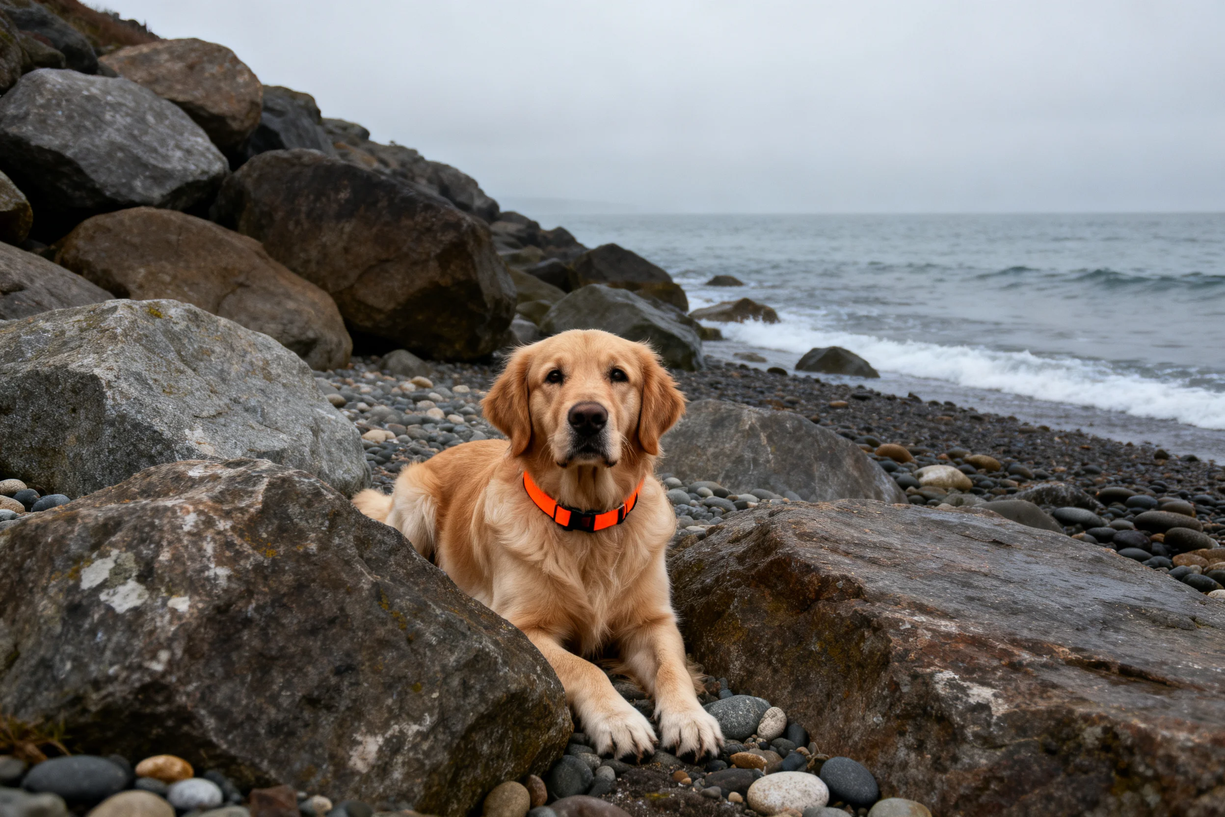金毛寻回犬安静地躺卧在海滩岩石间,橙色的项圈清晰可见,浅金色被毛柔软蓬松。