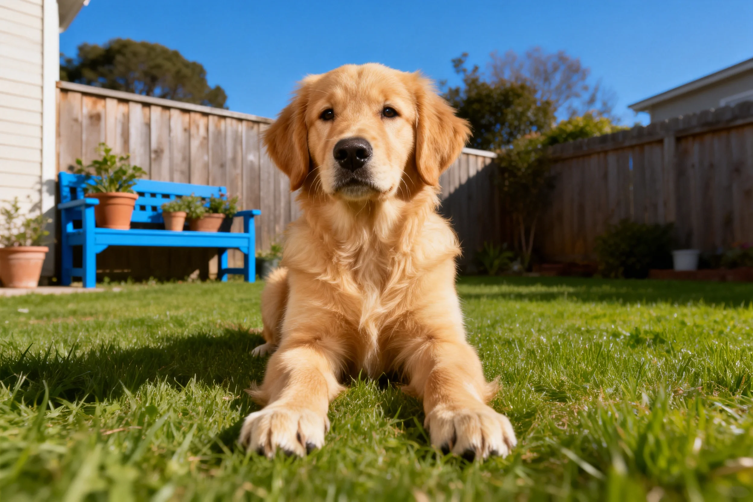 一只金毛寻回犬幼犬,金黄色被毛柔软,前爪平放在绿色草坪上。