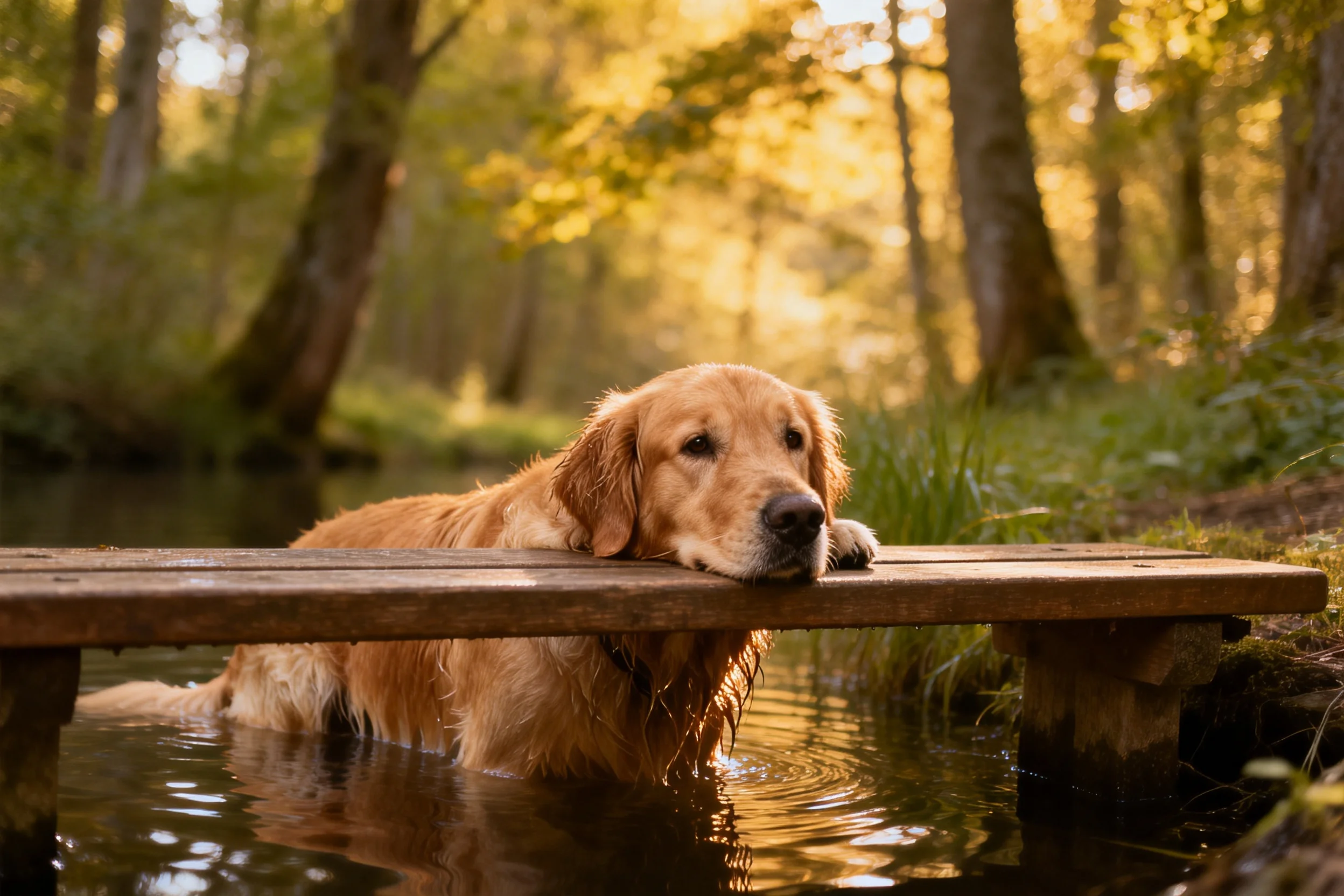 金毛猎犬将头部靠在木平台上,浅金色毛发湿润贴在额头上,身体半浸于溪水中。