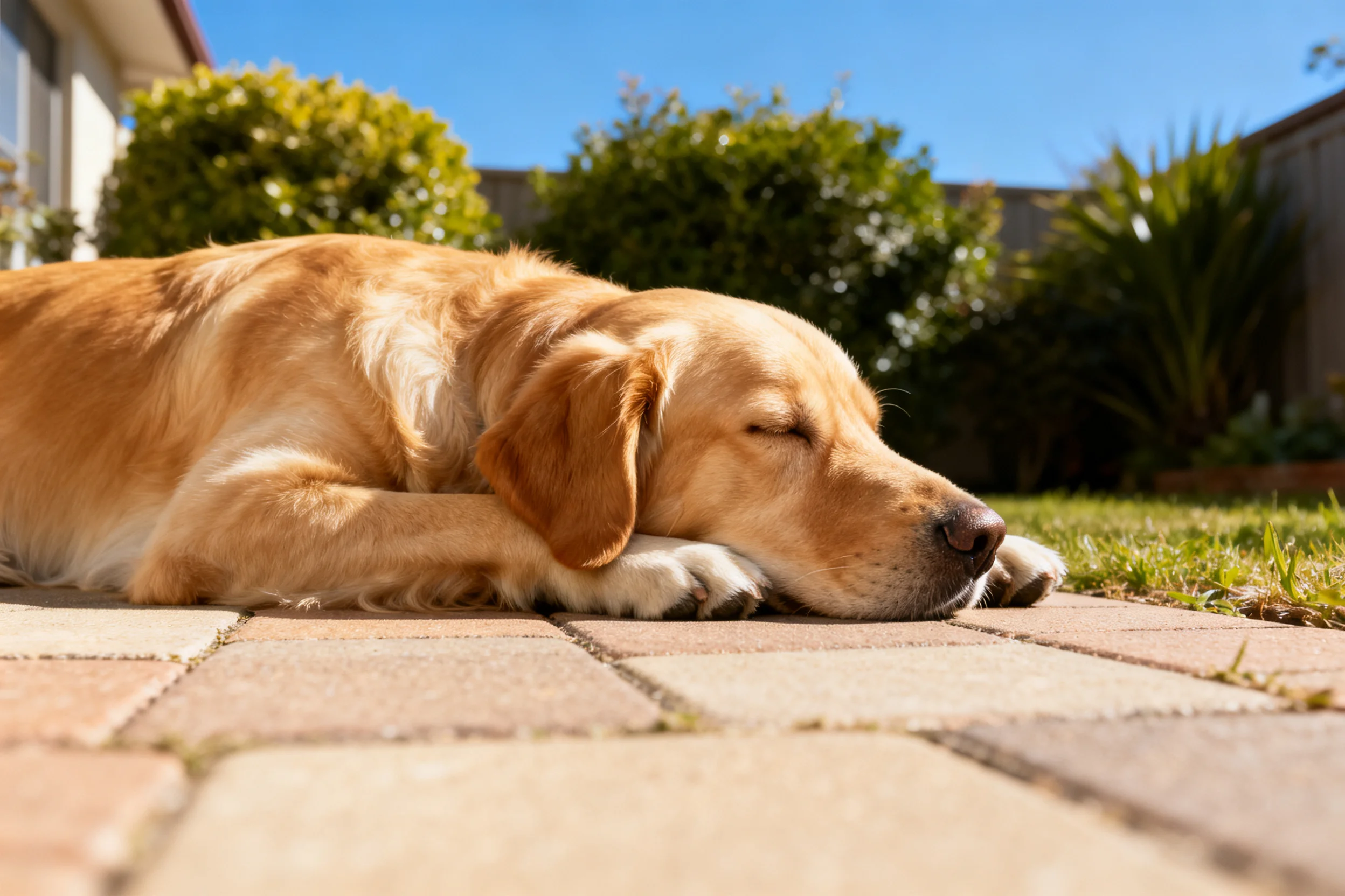 金毛寻回犬将头部轻靠在前爪上,金黄色的毛发在阳光下显得格外柔软。