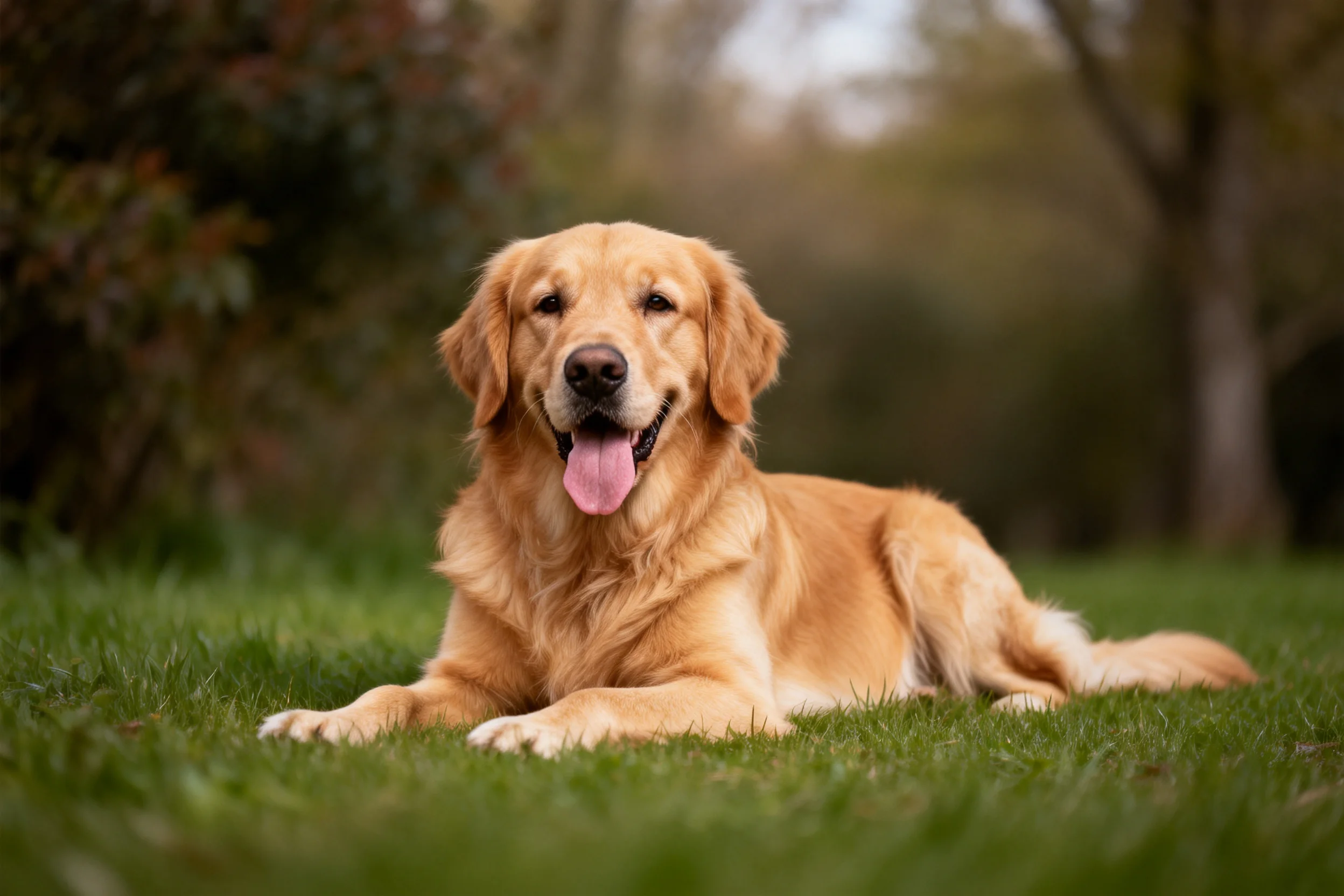 金毛寻回犬趴卧在草地上,浅金色毛发柔软,嘴巴张开露出粉色舌头。