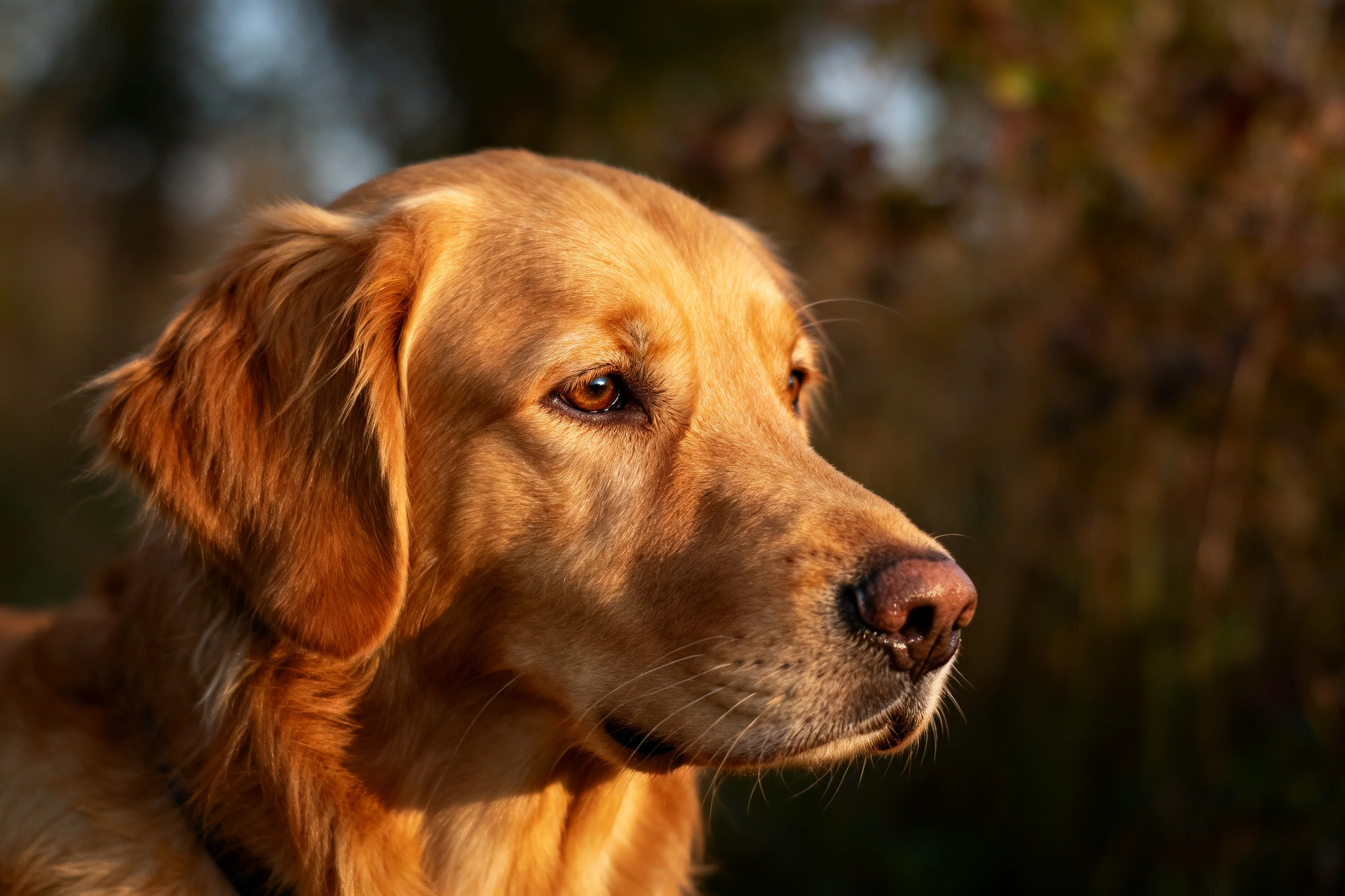 一只金毛寻回犬在户外环境中,其金黄色毛发在柔和光线照射下显得格外蓬松柔软,眼睛明亮注视前方。