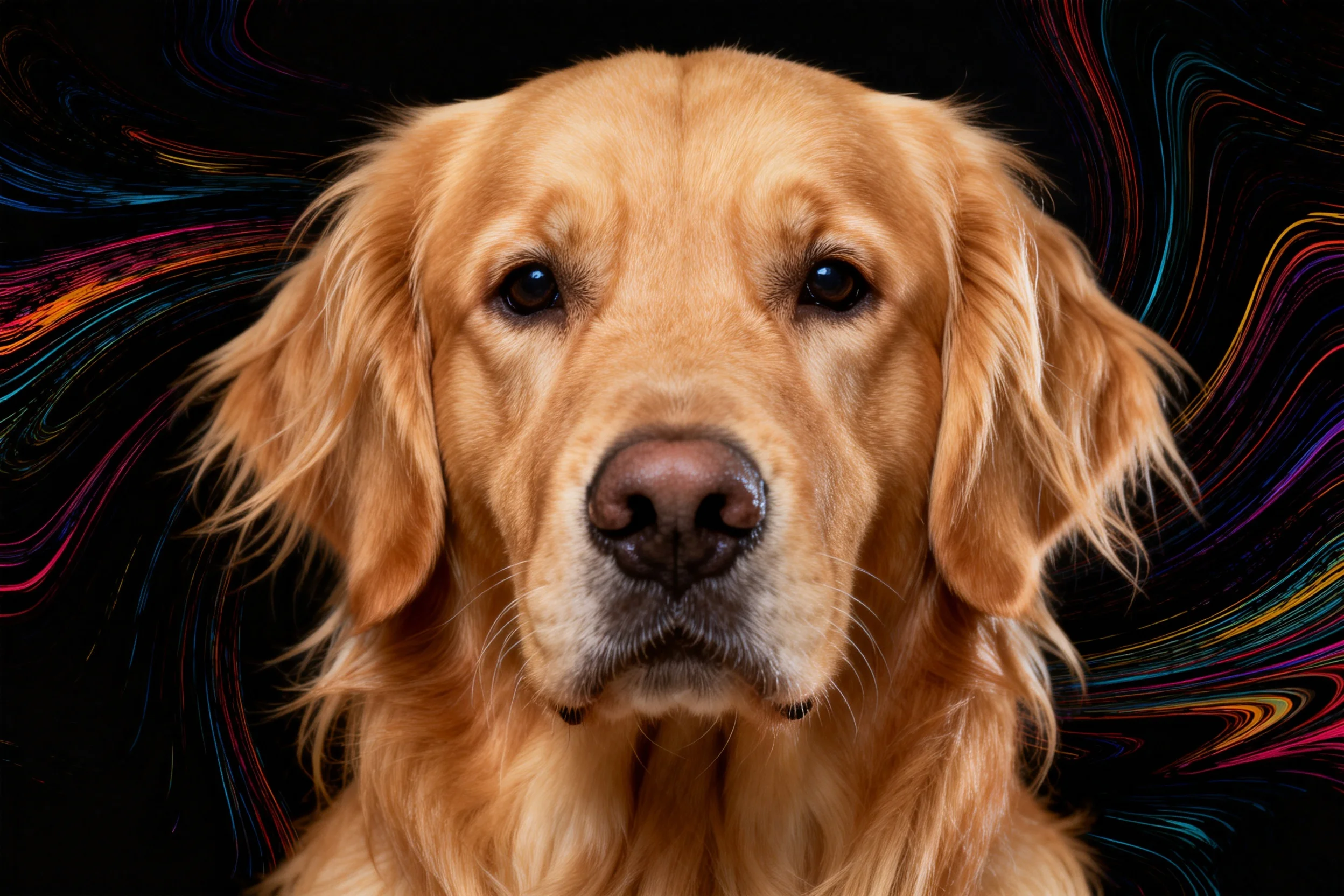 金毛寻回犬面部特写,金黄毛发与黑色背景形成鲜明对比,鼻尖微微湿润。