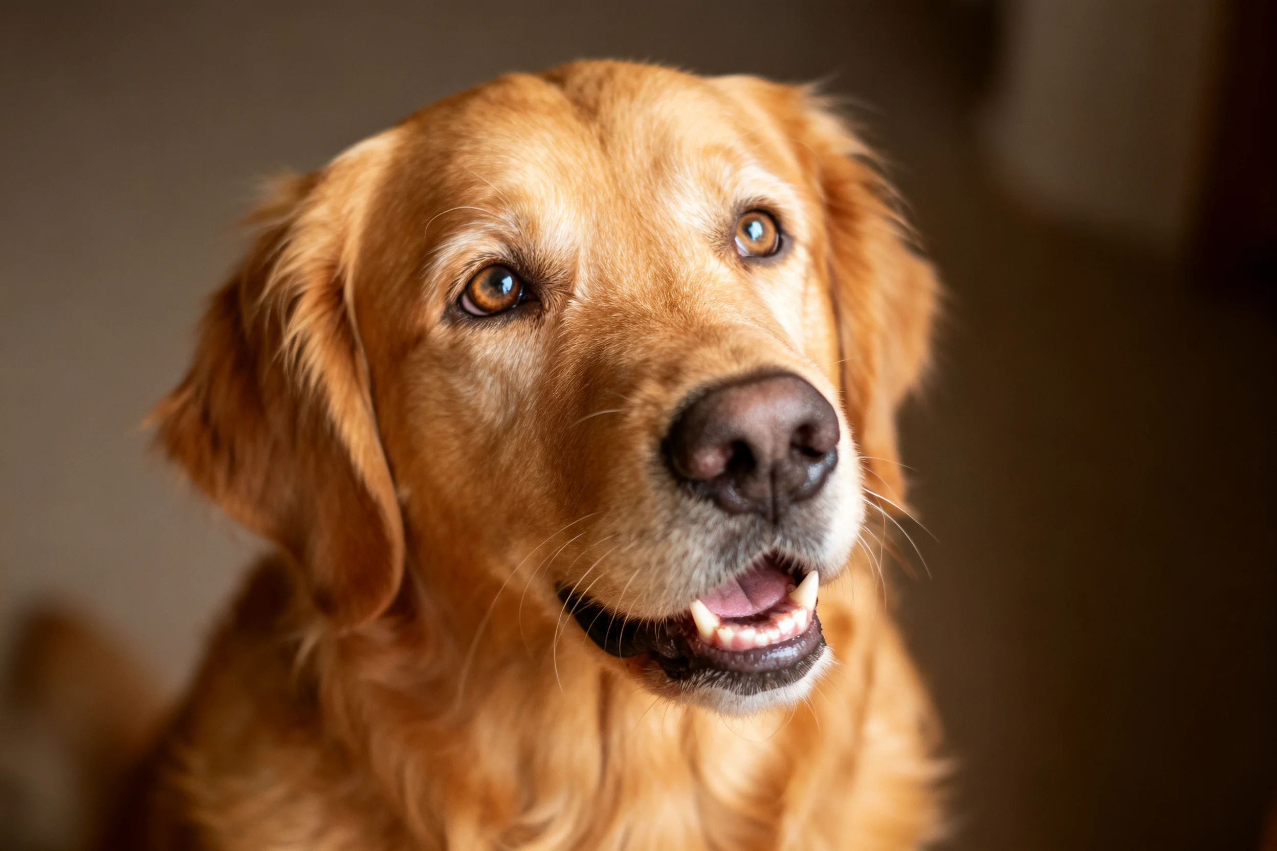 一只毛发呈暖金色的金毛寻回犬,嘴巴微张露出牙齿,眼神温和。