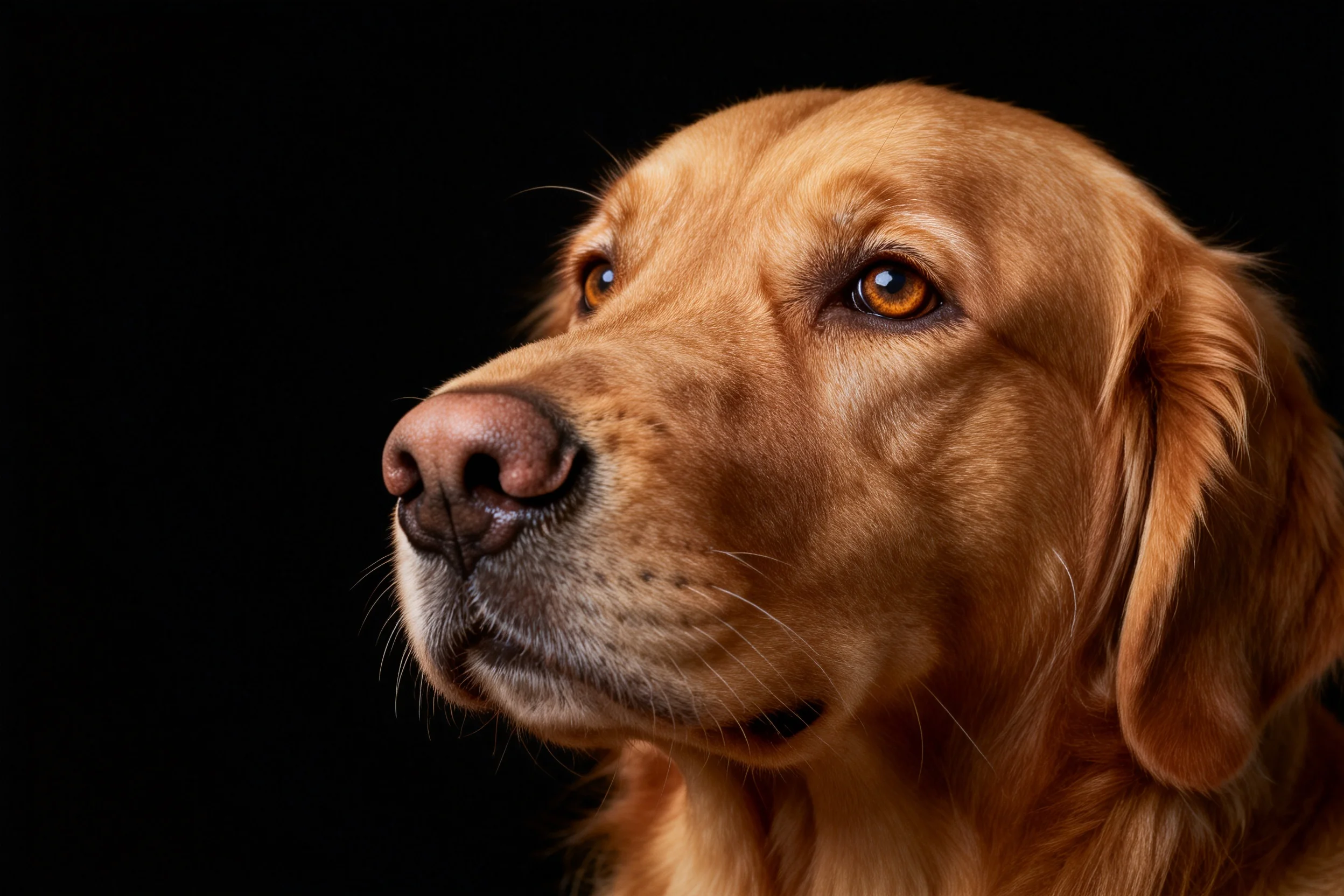 金毛寻回犬的眼神温柔,暖金色被毛在特写中清晰可见。
