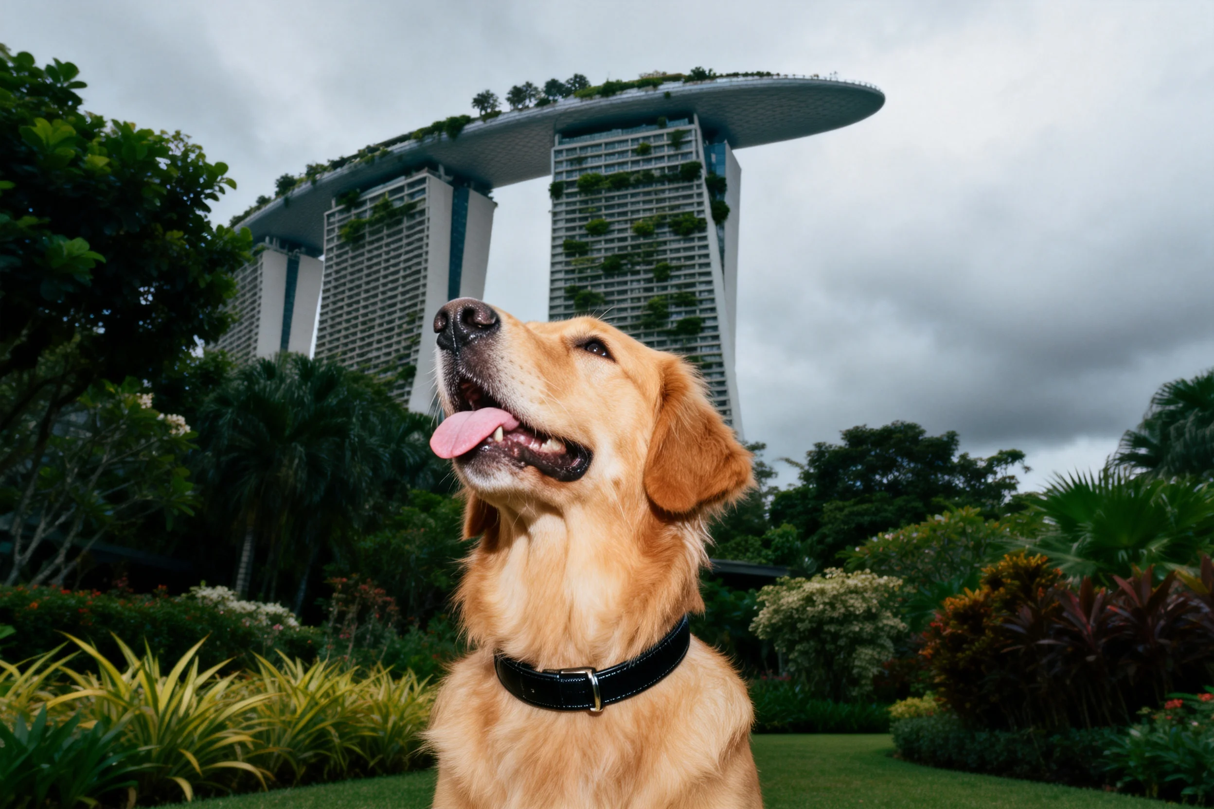 金毛寻回犬嘴巴张开，粉色舌头清晰可见，浅金色毛发顺滑，佩戴黑色项圈。
