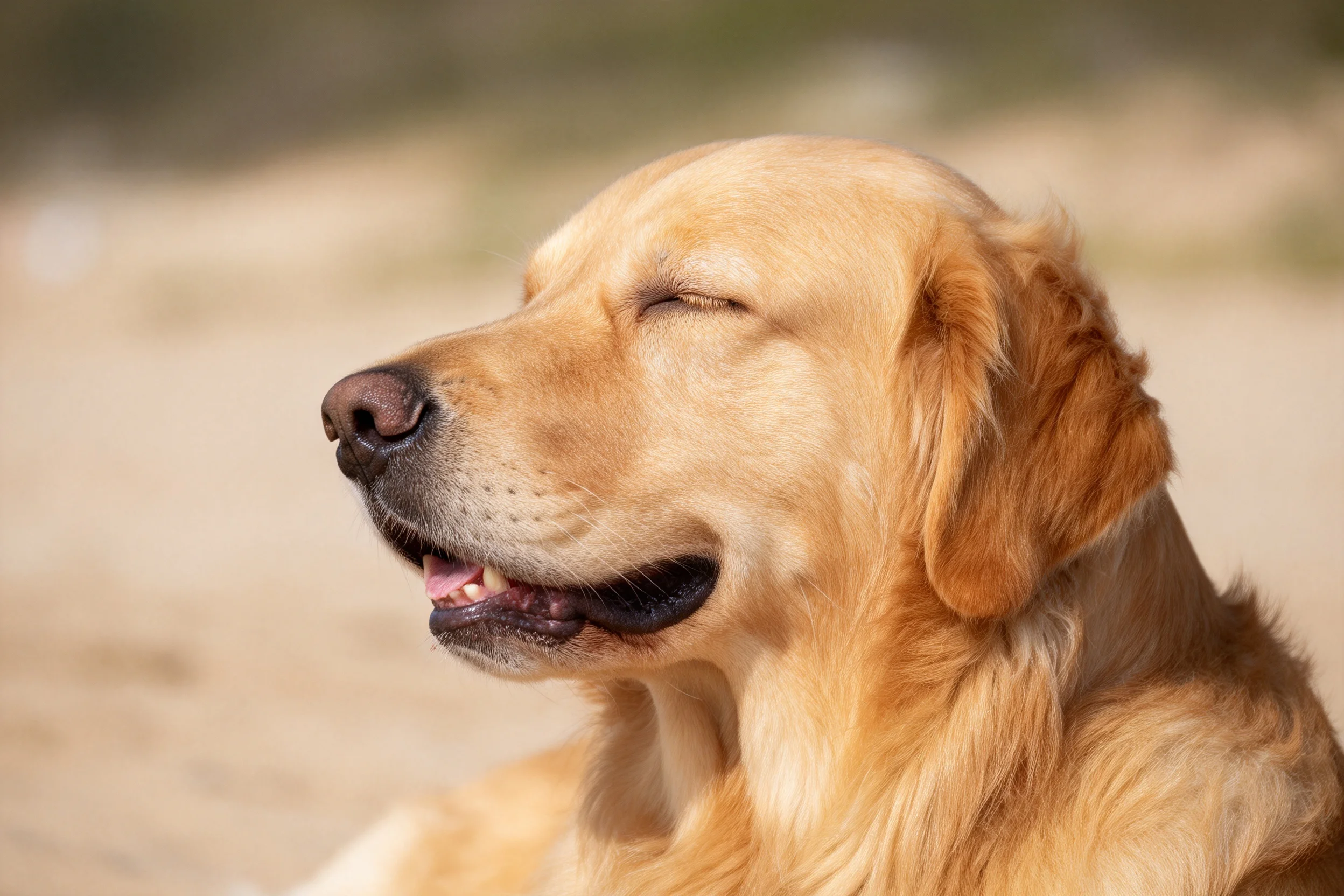 一只金毛寻回犬,浅金色毛发顺滑,双眼轻闭,处于光照环境中。