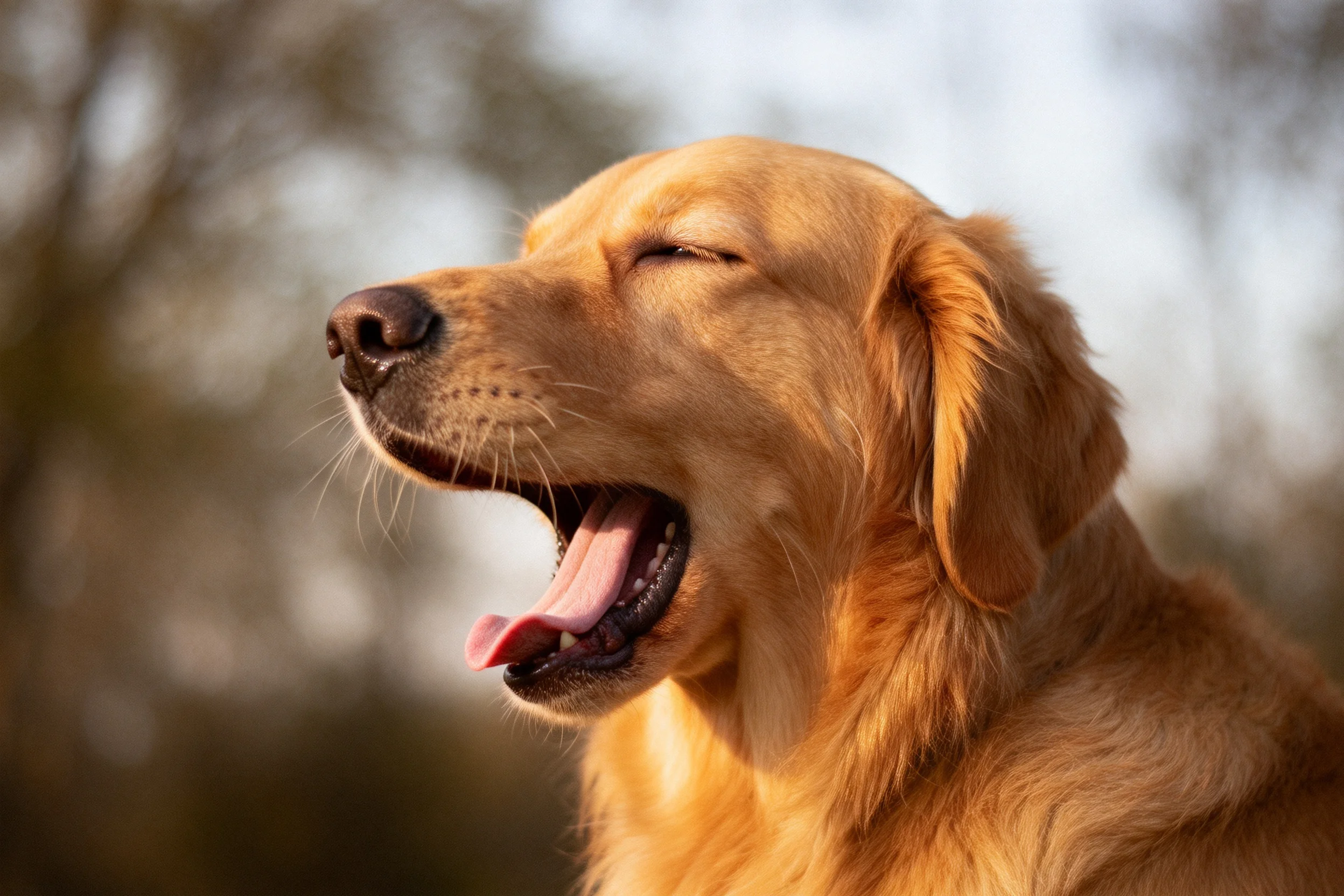 金毛寻回犬嘴巴张开打哈欠,金黄被毛在光线照射下显得柔软,双眼轻闭呈现放松状态。