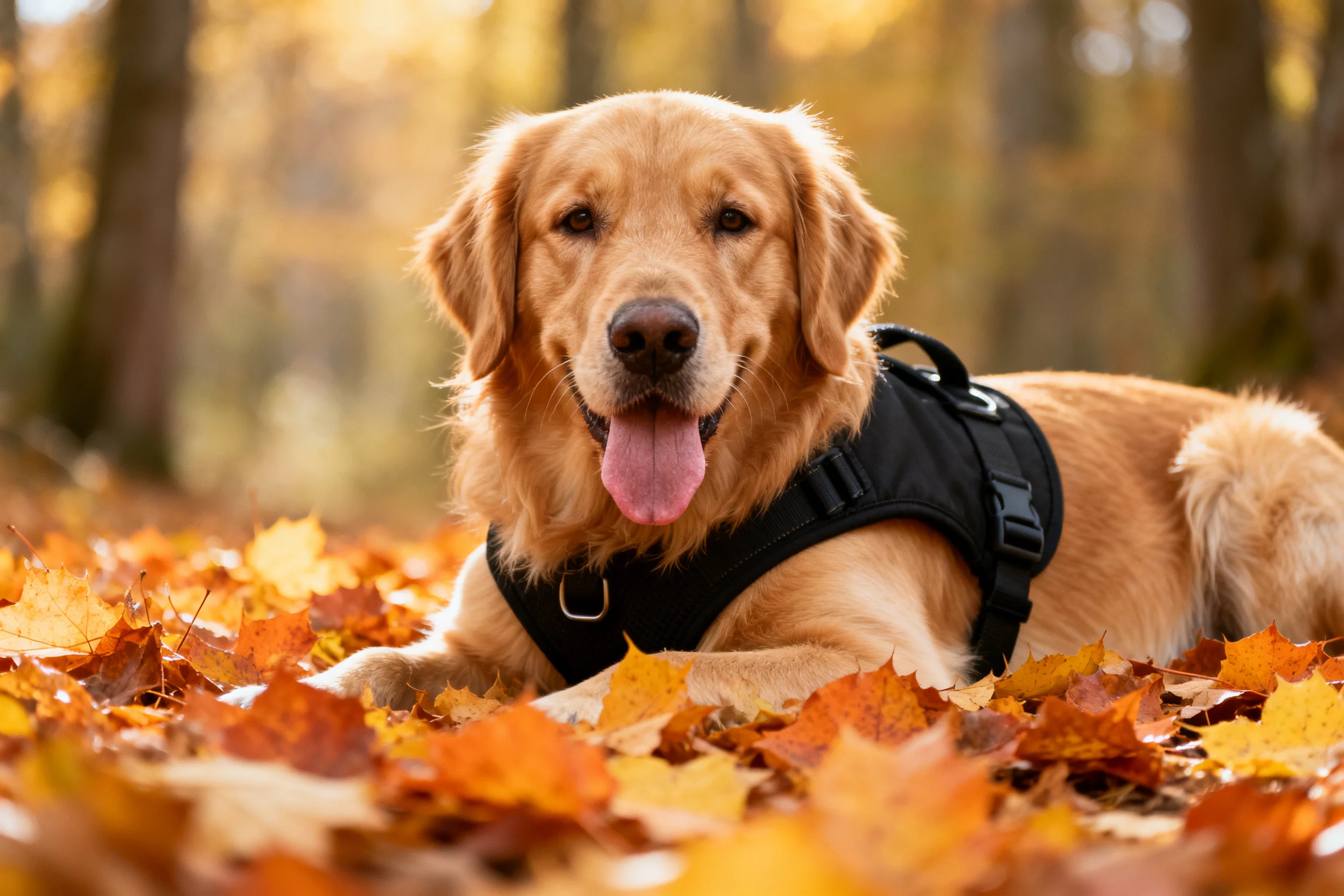 金毛寻回犬趴在满是秋叶的地面上,黑色的胸背带清晰可见,毛发呈现出的浅金色。