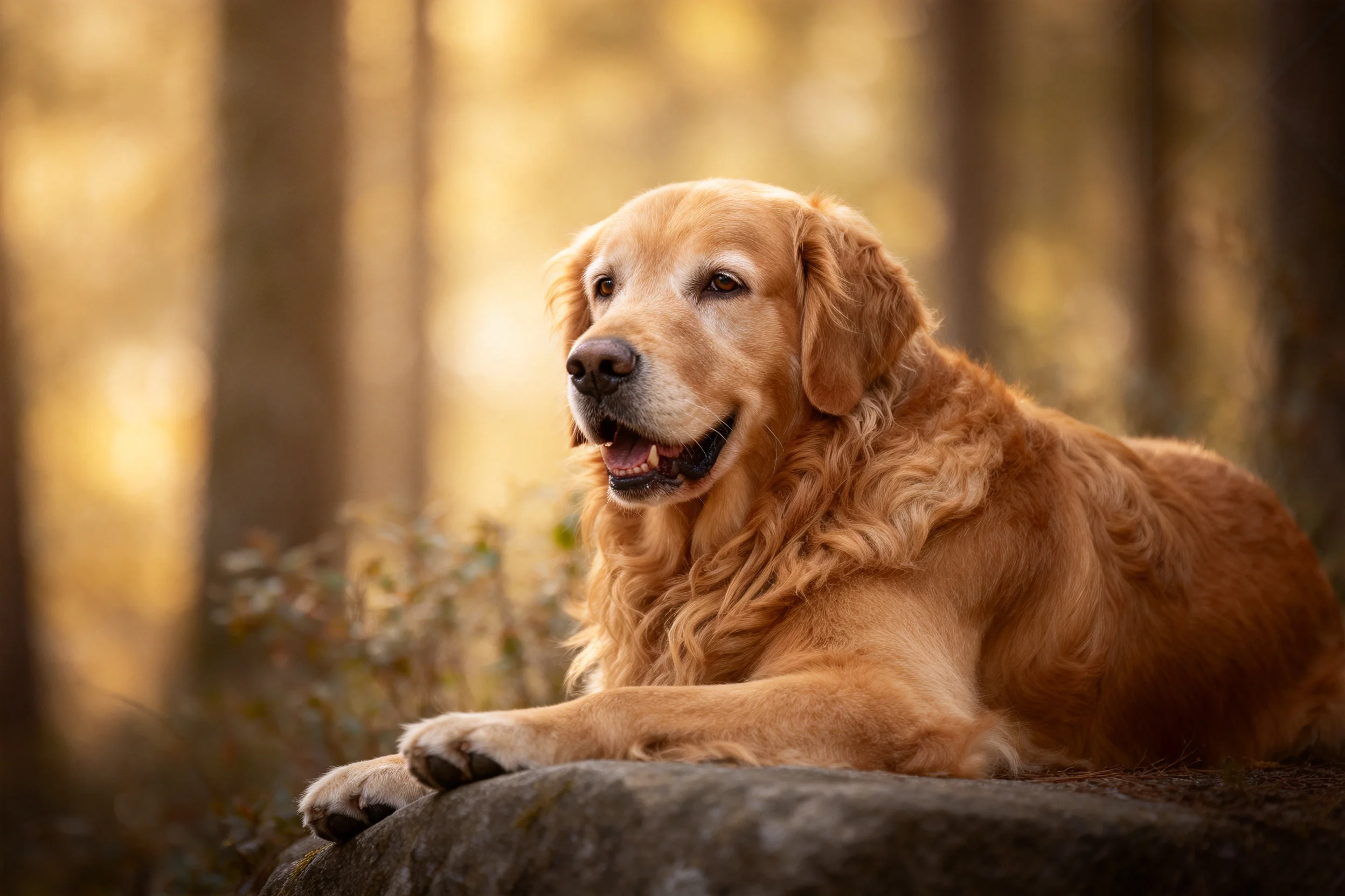 金毛寻回犬趴卧在岩石上,金黄卷毛在光下显得蓬松柔软。