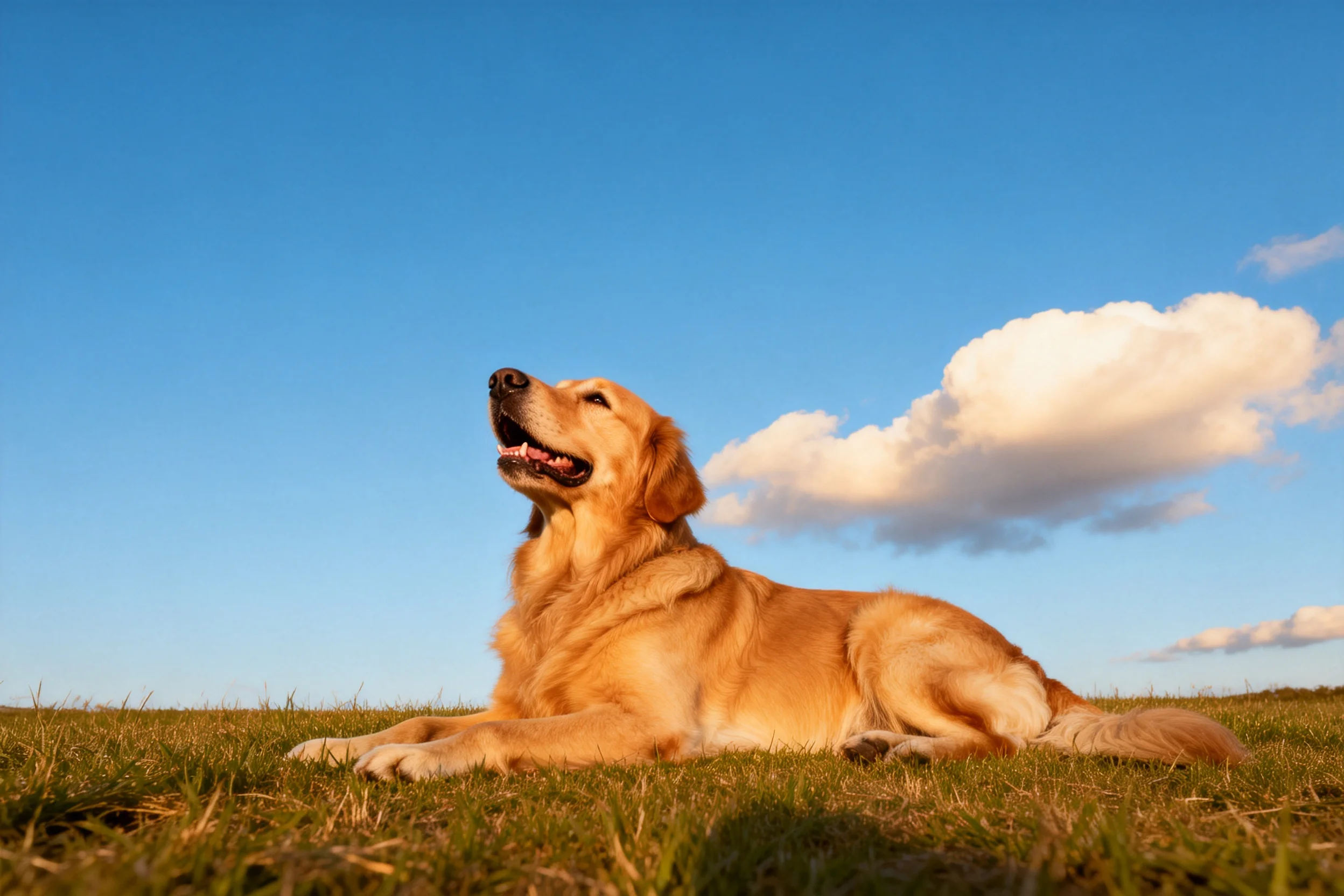 一只金毛寻回犬，橙黄色的被毛在阳光下显得格外柔软，趴卧在草地上。