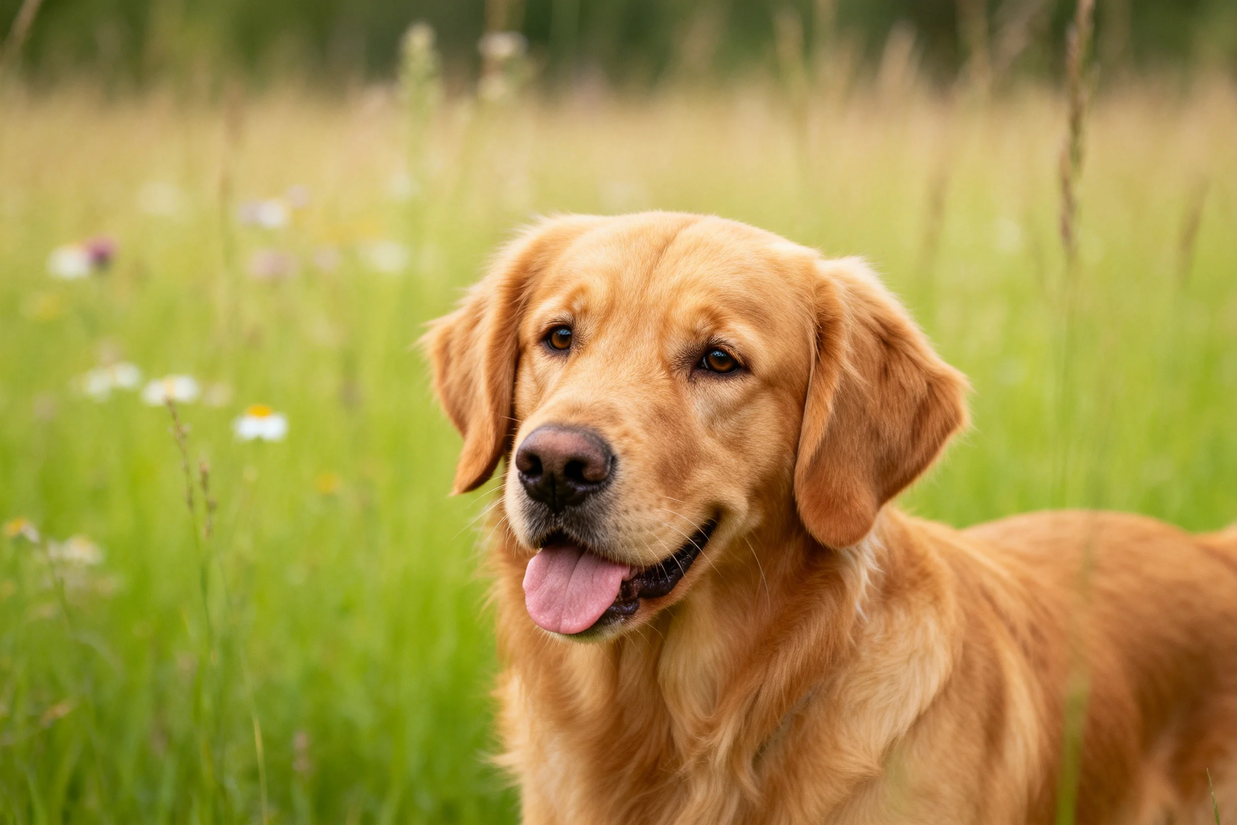金毛寻回犬站在野花丛生的草地上,金黄的毛发蓬松柔软,嘴巴张开露出粉红色舌头。