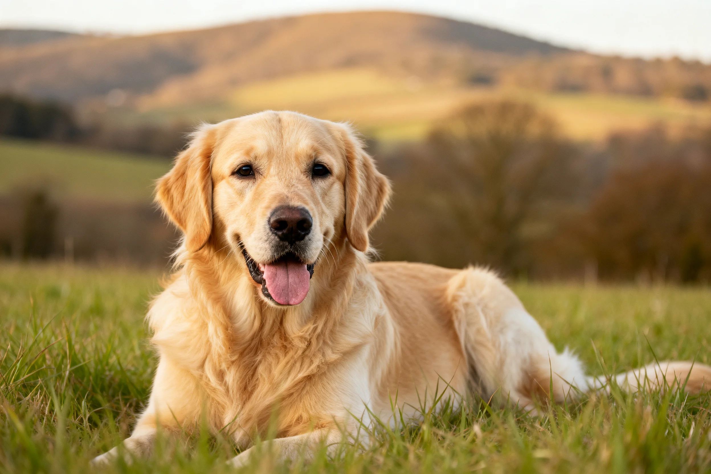 一只金毛寻回犬,浅金色毛发湿润贴在额头上,安静地躺在草地上。