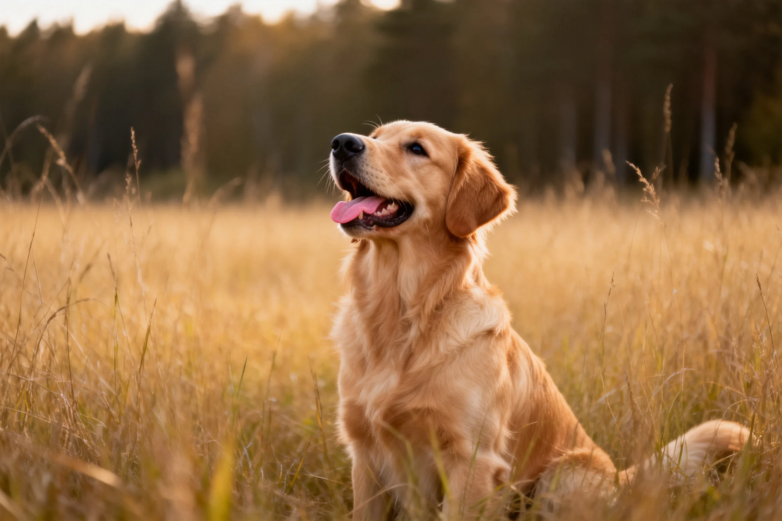 一只金毛寻回犬安静地坐在阳光照射的草地上,金黄色的毛发在阳光下显得格外明亮,粉红色的舌头微微伸出。