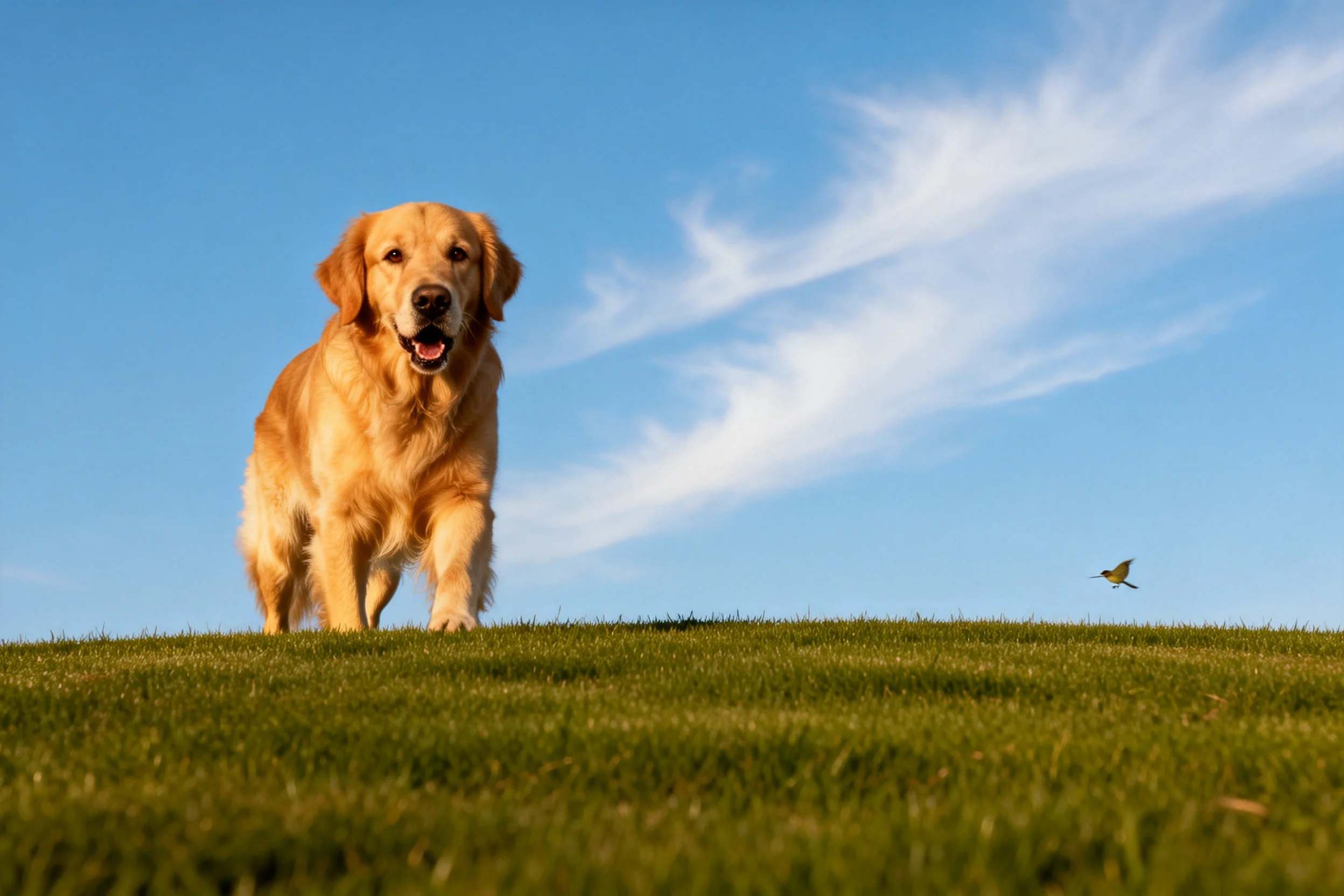 一只金毛猎犬在绿色草坡上行走,金黄色的毛发在阳光下闪闪发光。