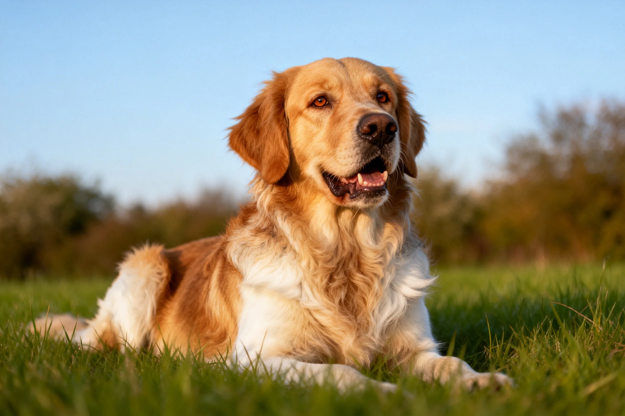 金毛寻回犬安静地躺卧在绿色的草地上,金黄色的毛发清晰可见,姿态放松。