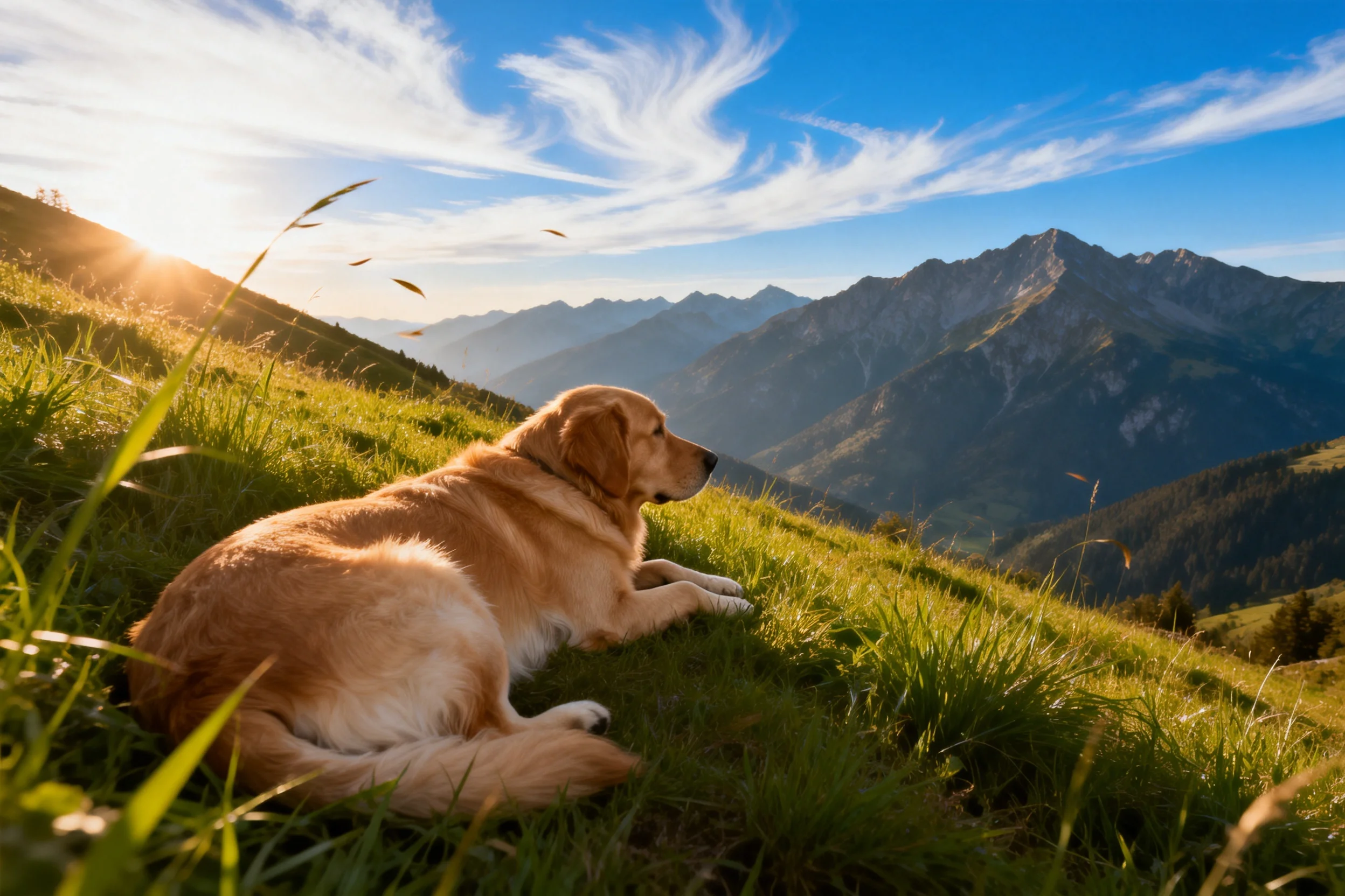 金毛寻回犬趴卧在山坡草地上,金色被毛在阳光照射下显得柔软蓬松。