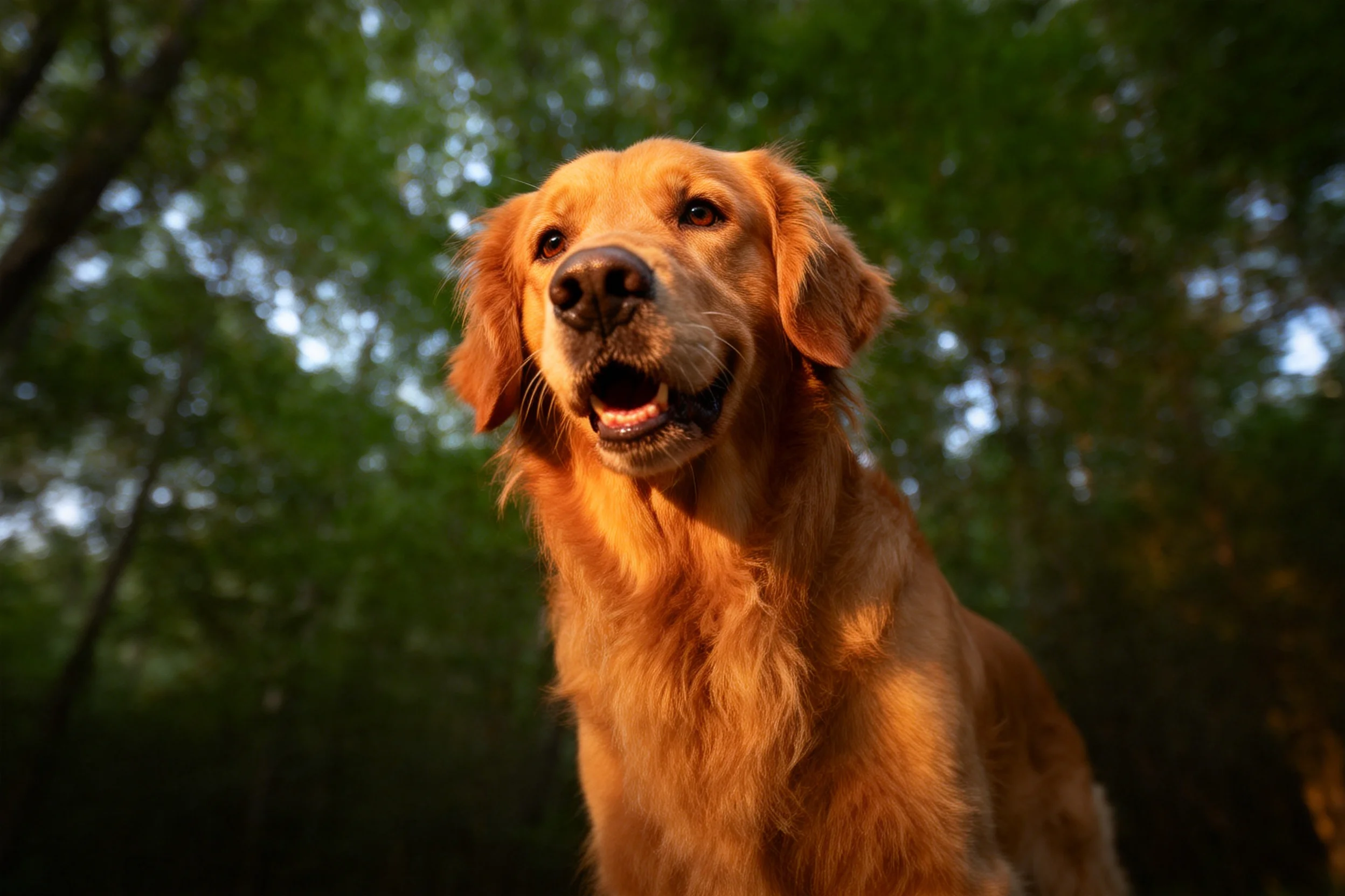 金毛寻回犬嘴巴微张,金黄色毛发在阳光下显得柔亮顺滑。