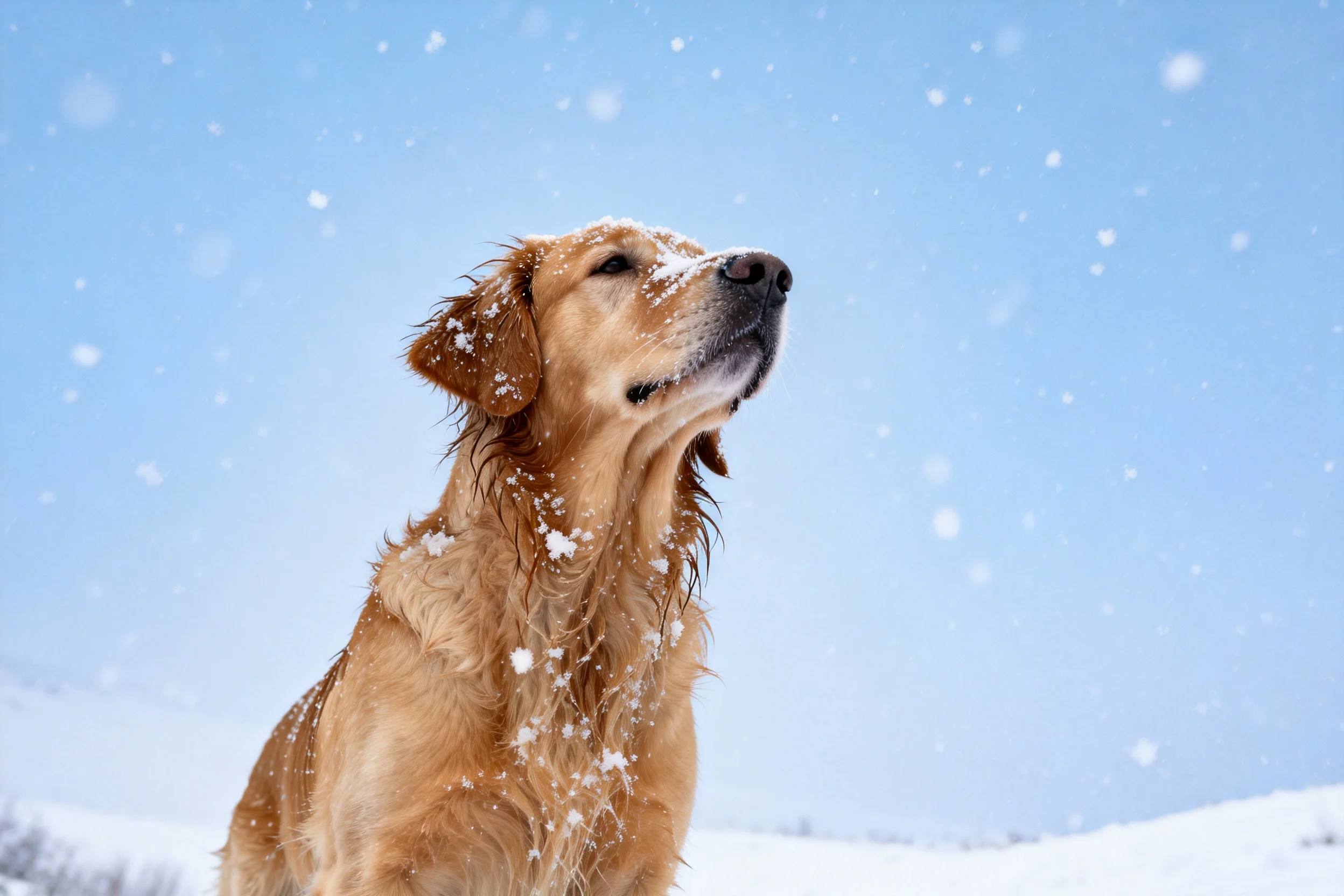 金毛寻回犬抬头仰望空中雪花,身上沾有白色雪花痕迹。