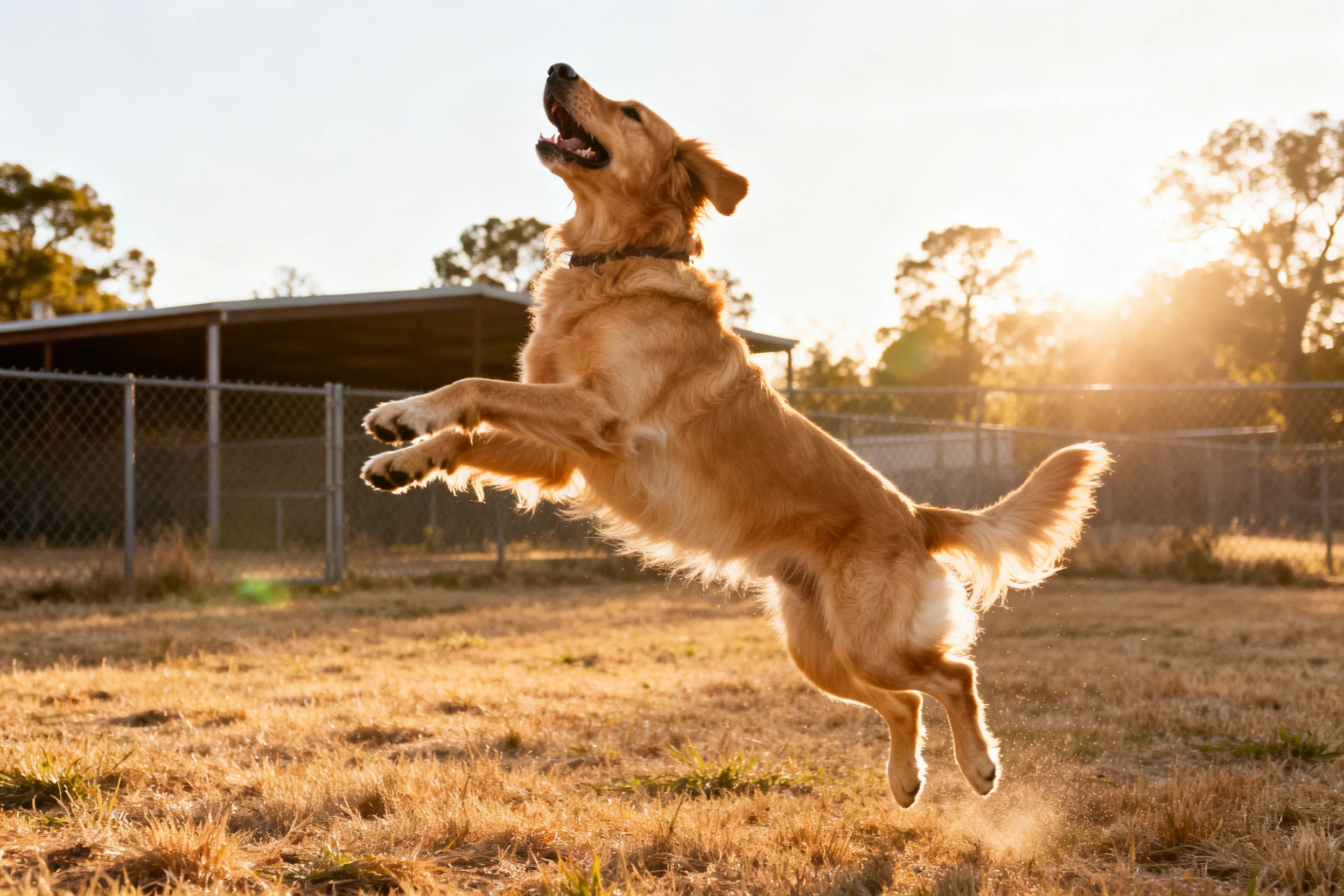 金毛寻回犬在空中跃起，金黄色毛发在阳光下清晰可见。