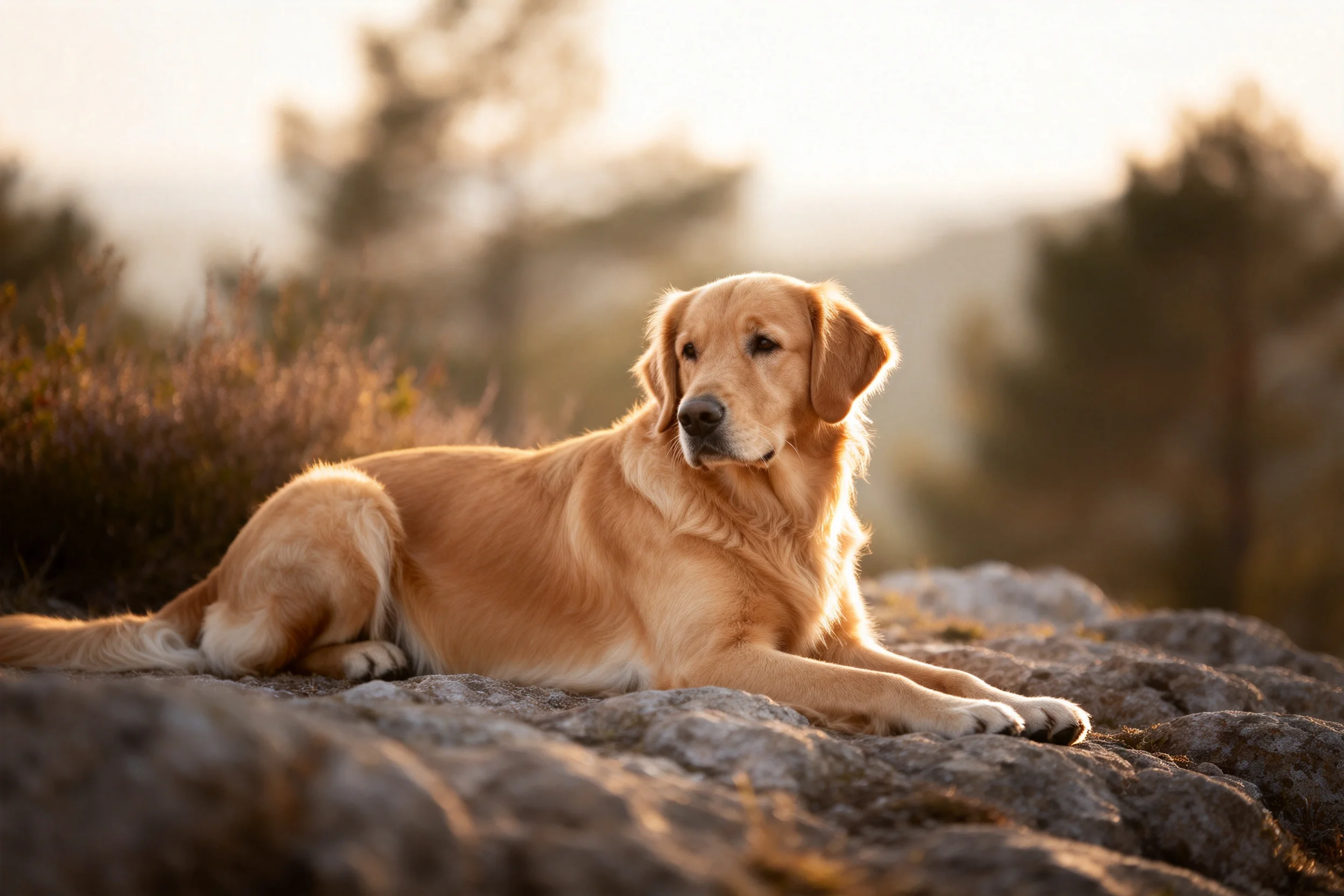 金毛犬安静在岩石上,金黄的被毛在阳光下显得柔软顺滑。