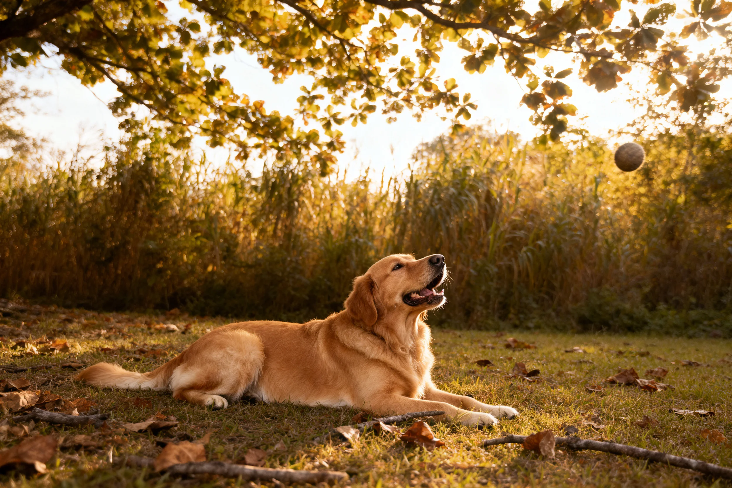 金毛犬目光聚焦于空中的球,毛发浓密且呈金黄色,姿态放松却警觉。