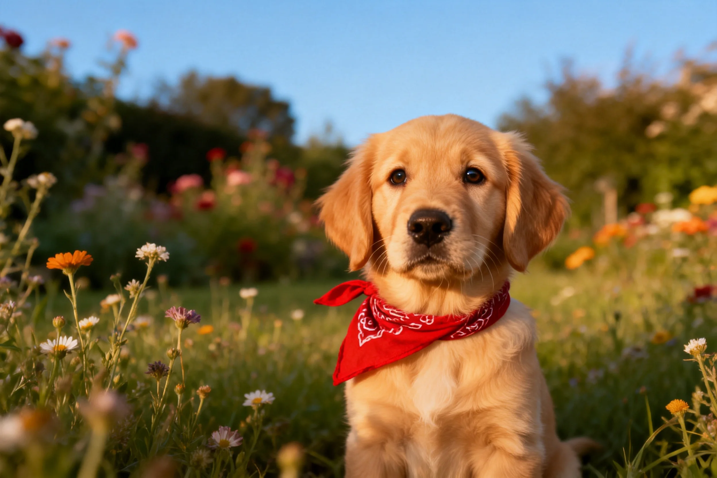 金毛寻回犬幼犬戴着红色方巾,金黄的被毛在阳光照耀下显得柔软蓬松。