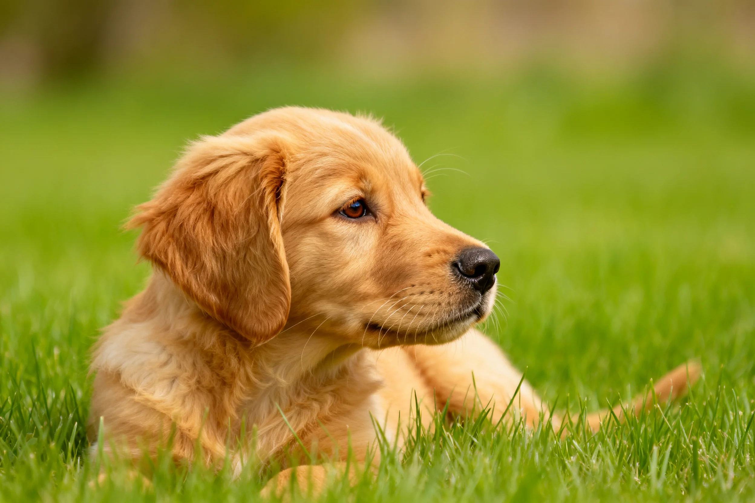 金毛寻回犬幼犬有着金黄色的柔软被毛,正安静地趴在草地上。