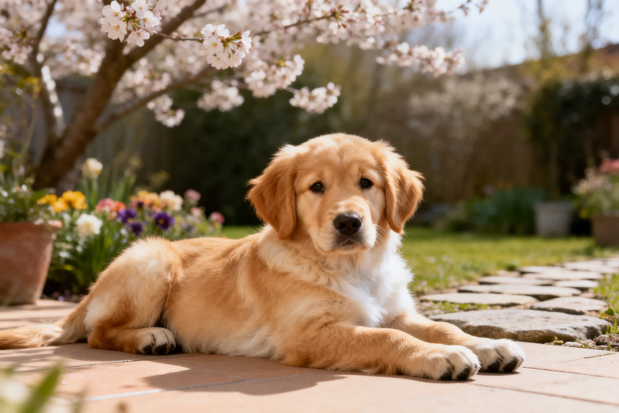 金毛寻回犬幼崽趴在庭院石板上,浅金色蓬松毛发贴在地面,眼神平静注视前方。