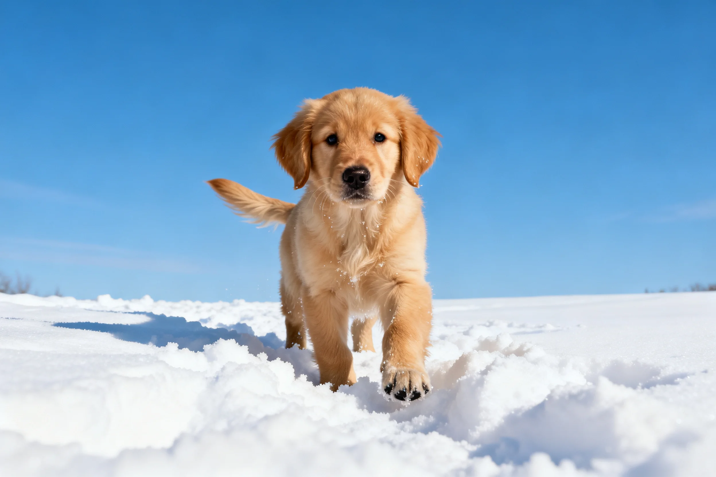 金毛幼犬在雪地行走,前爪踩在雪地上,留下清晰的脚印痕迹。